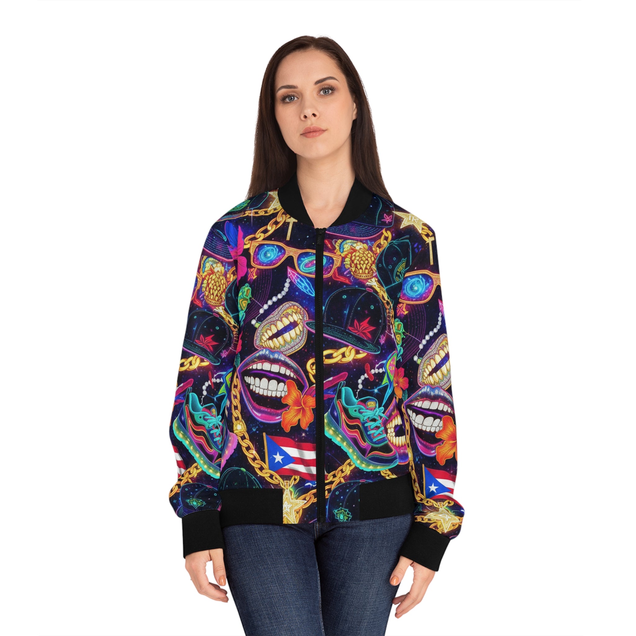 La Cultura: El Estilo Bomber Jacket — Puerto Rican Mask & Chain All-Over Print
