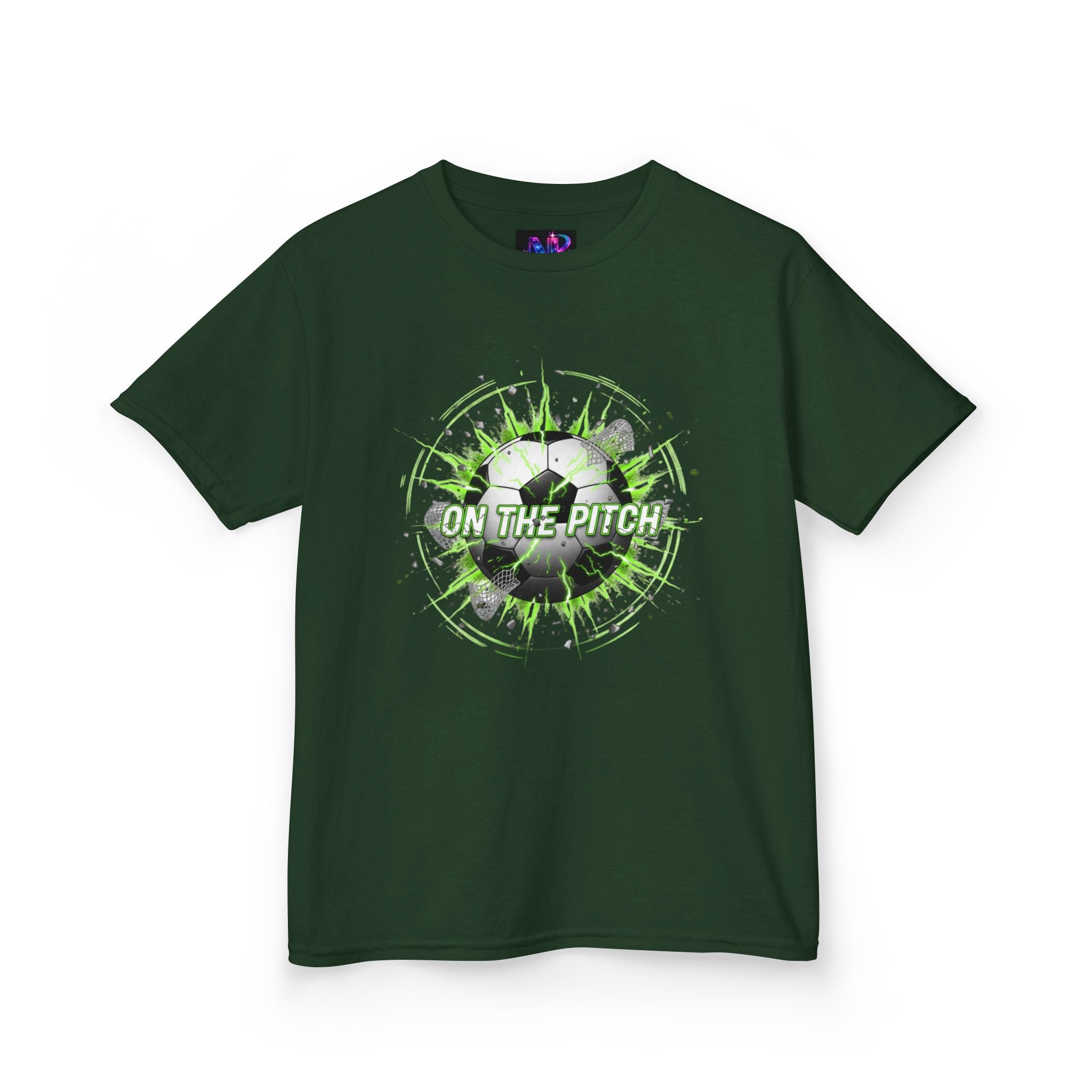 Kids Soccer T‑Shirt — 'On The Pitch' Green Splatter Design