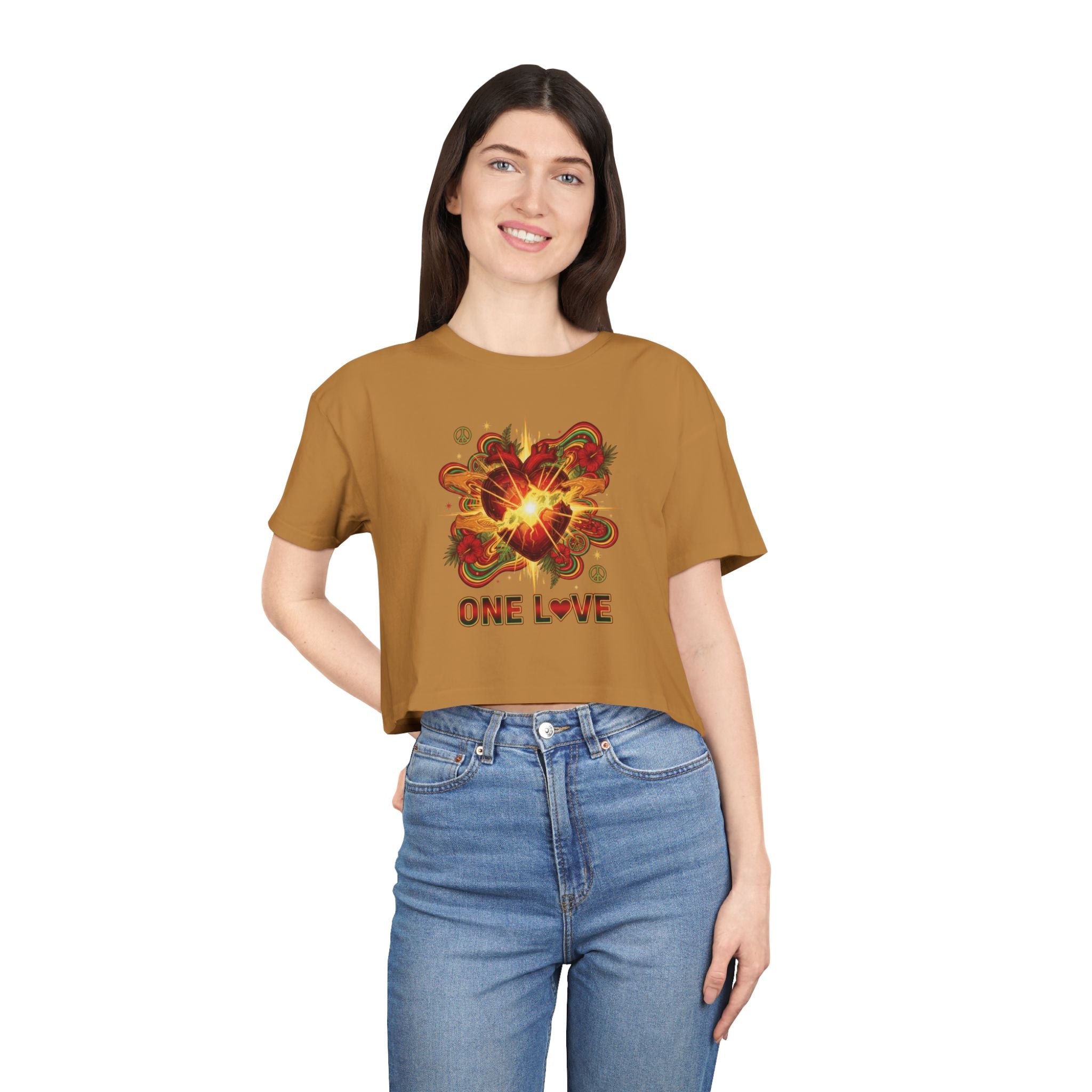One Love Retro Heart Crop Tee — Women's Peace & Flower Power Graphic
