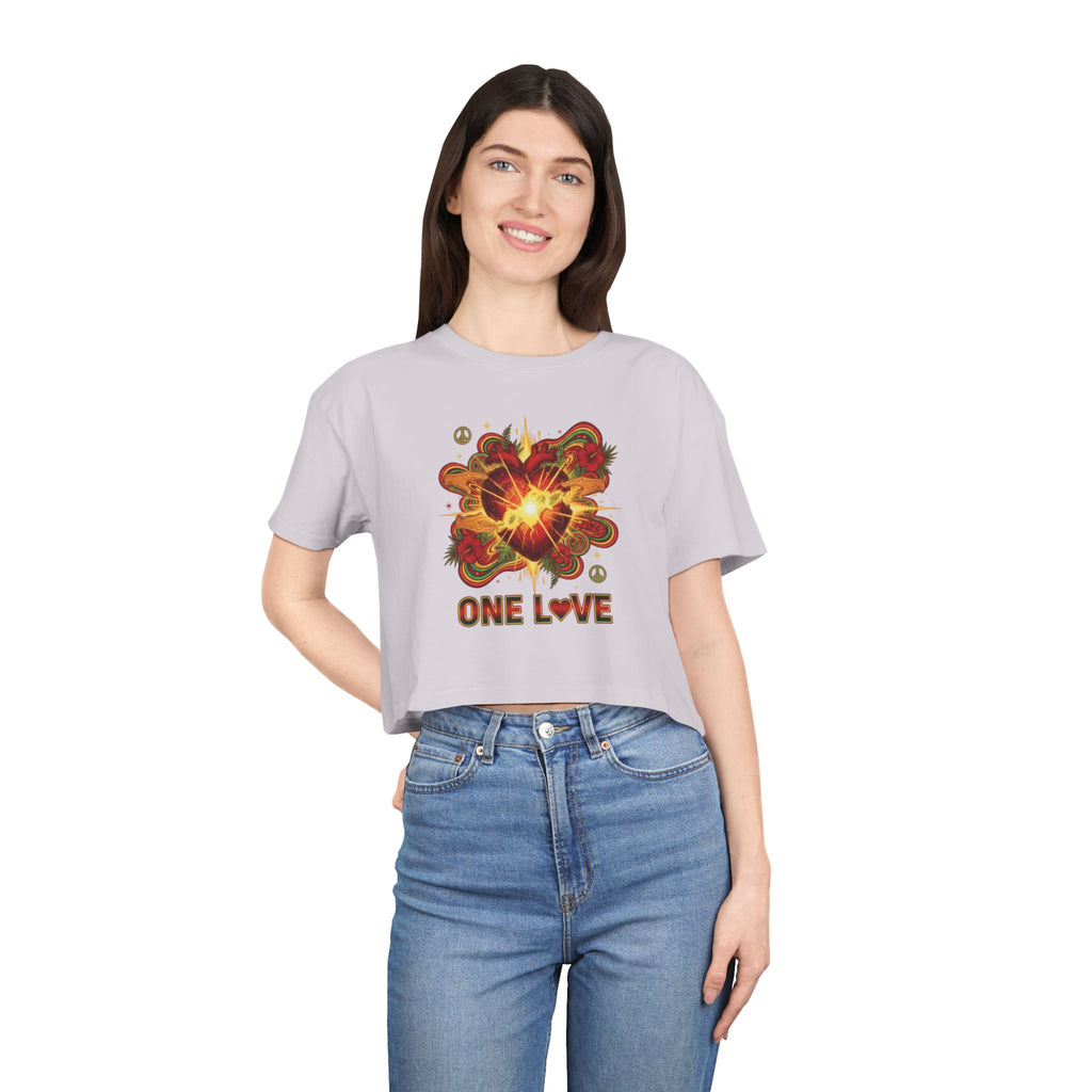 One Love Retro Heart Crop Tee — Women's Peace & Flower Power Graphic