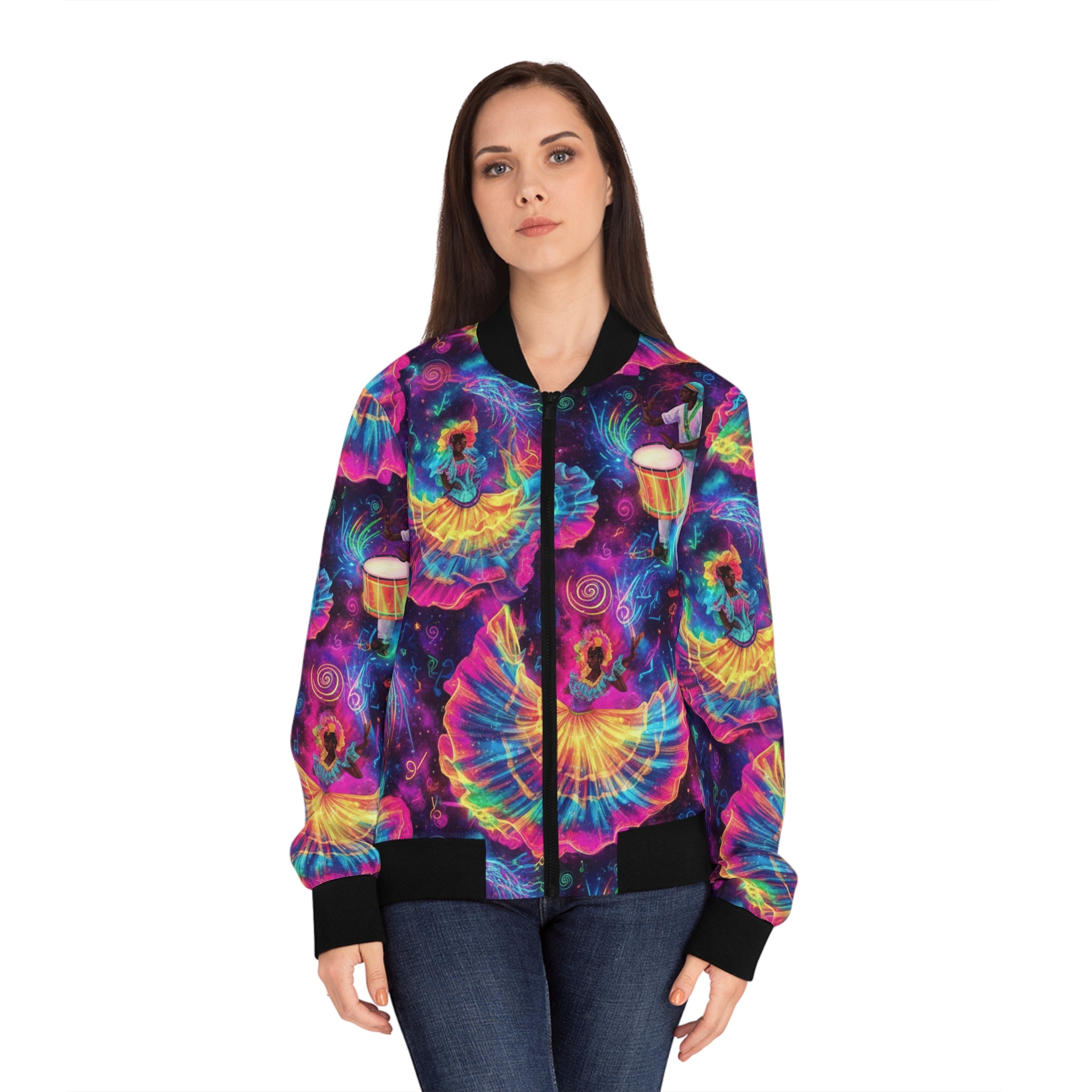 La Bomba Cósmica Bomber Jacket — Neon Dance Fiesta All-Over Print