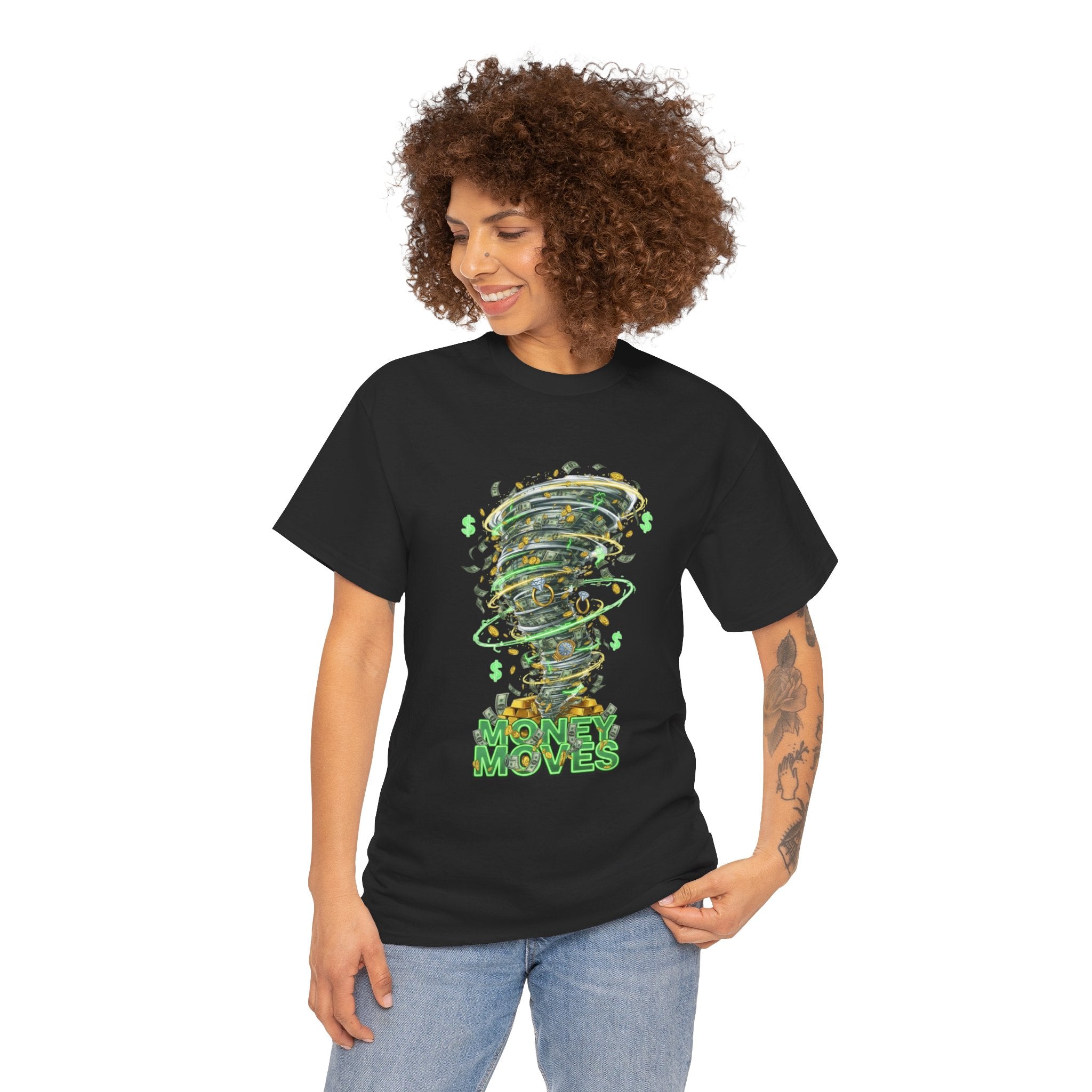 Money Moves Tee — Green Dollar Tornado Graphic T‑Shirt