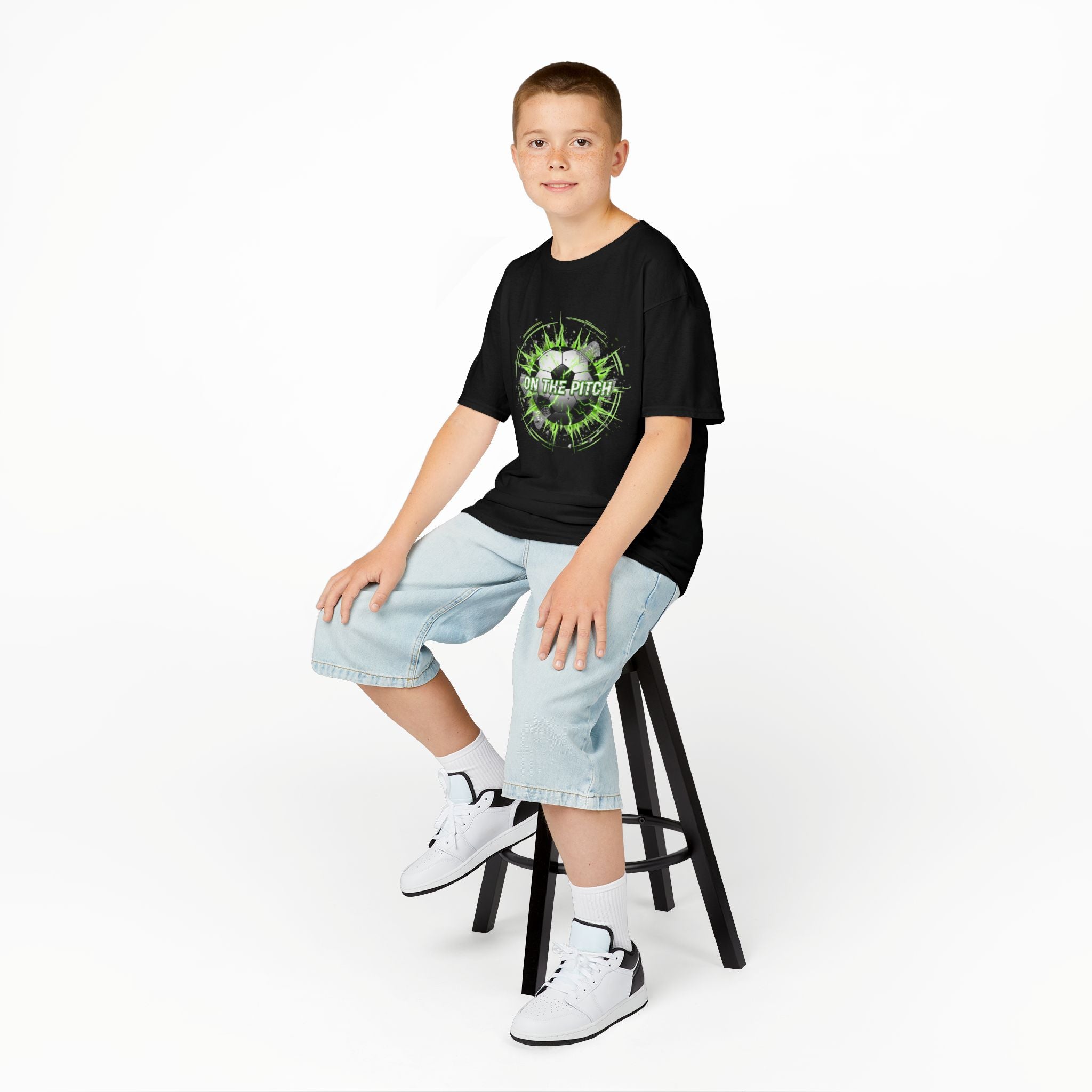 Kids Soccer T‑Shirt — 'On The Pitch' Green Splatter Design