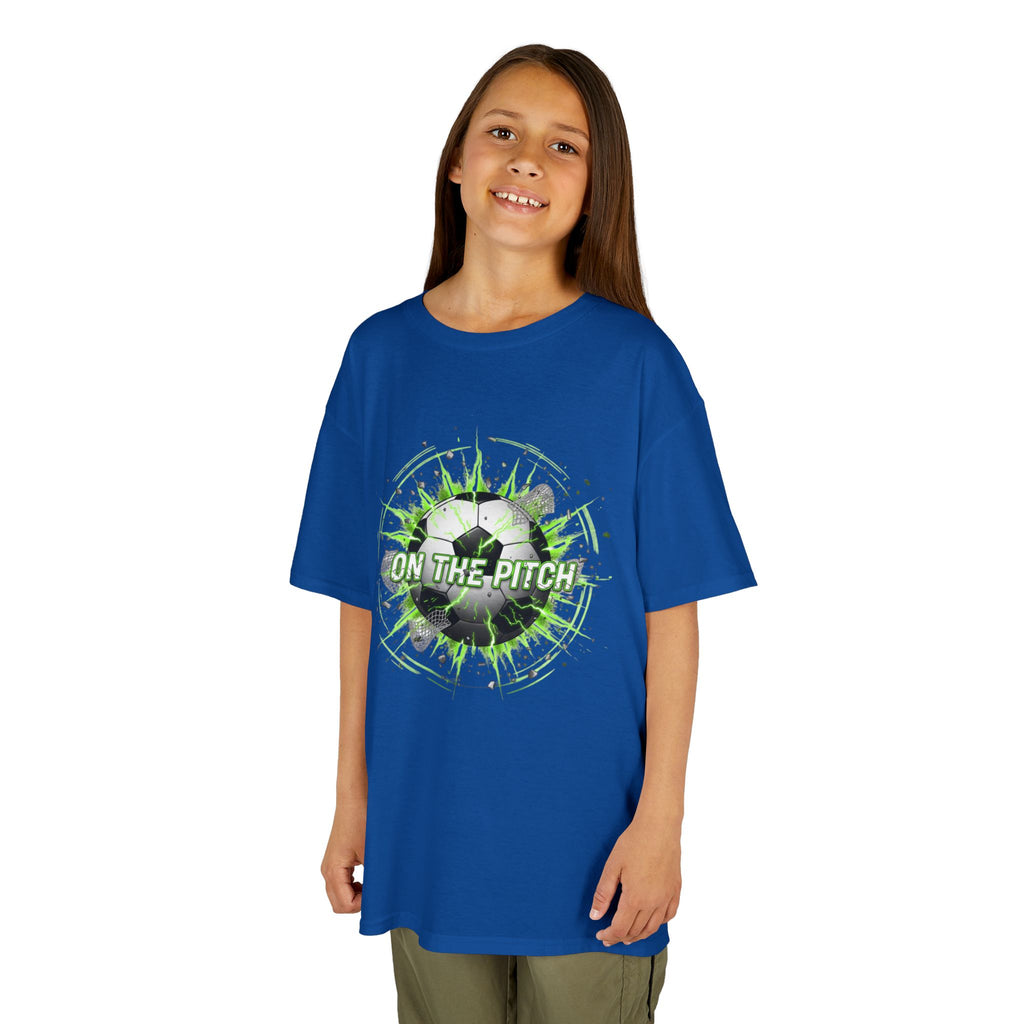 Kids Soccer T‑Shirt — 'On The Pitch' Green Splatter Design