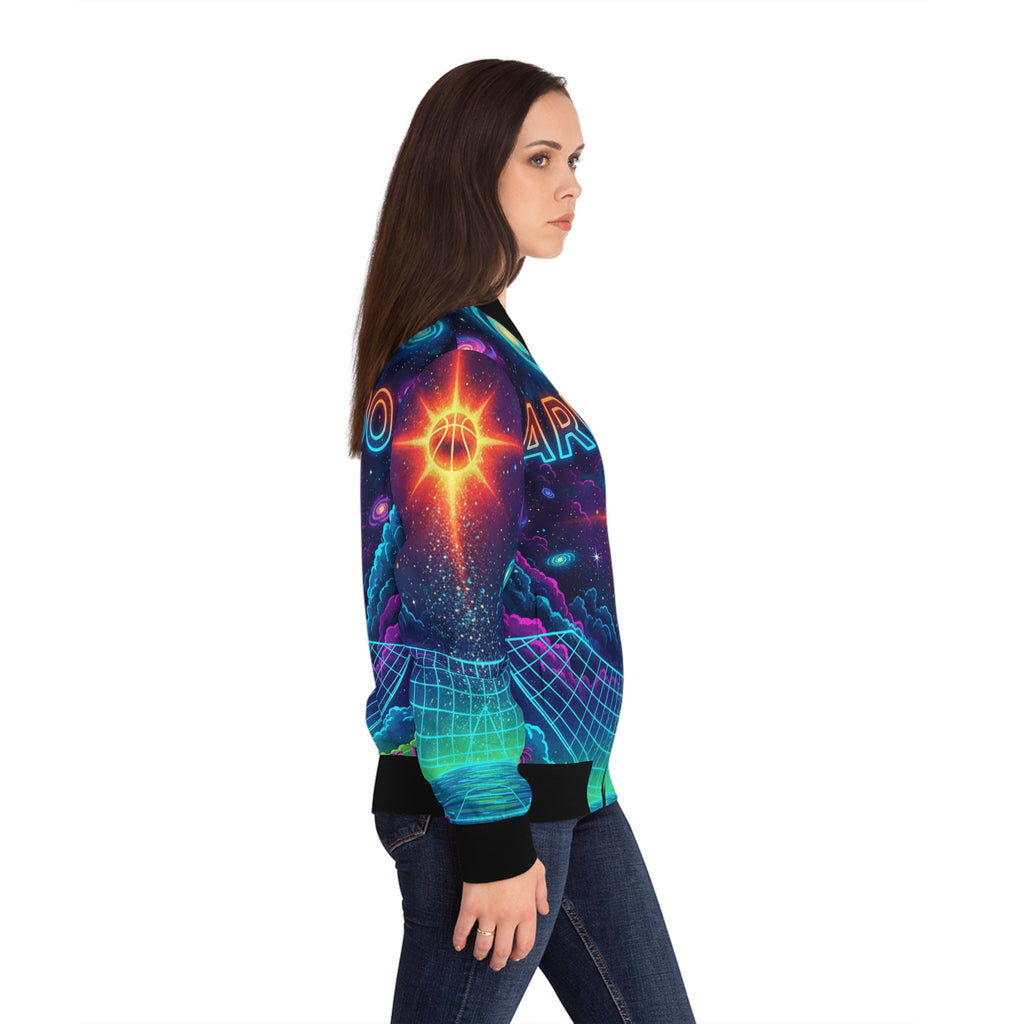 Arecibo: La Cancha y el Cosmos Bomber Jacket — Neon Retro Galaxy Print