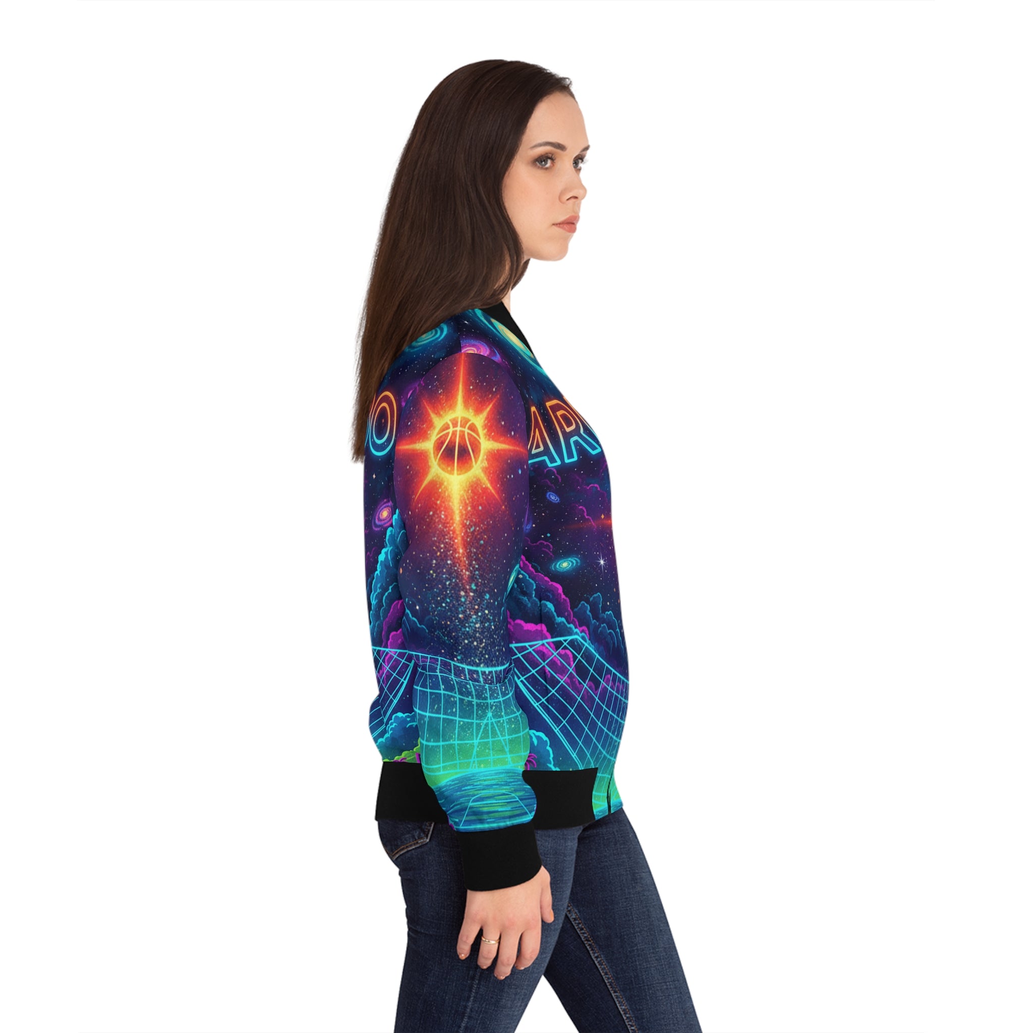 Arecibo: La Cancha y el Cosmos Bomber Jacket — Neon Retro Galaxy Print