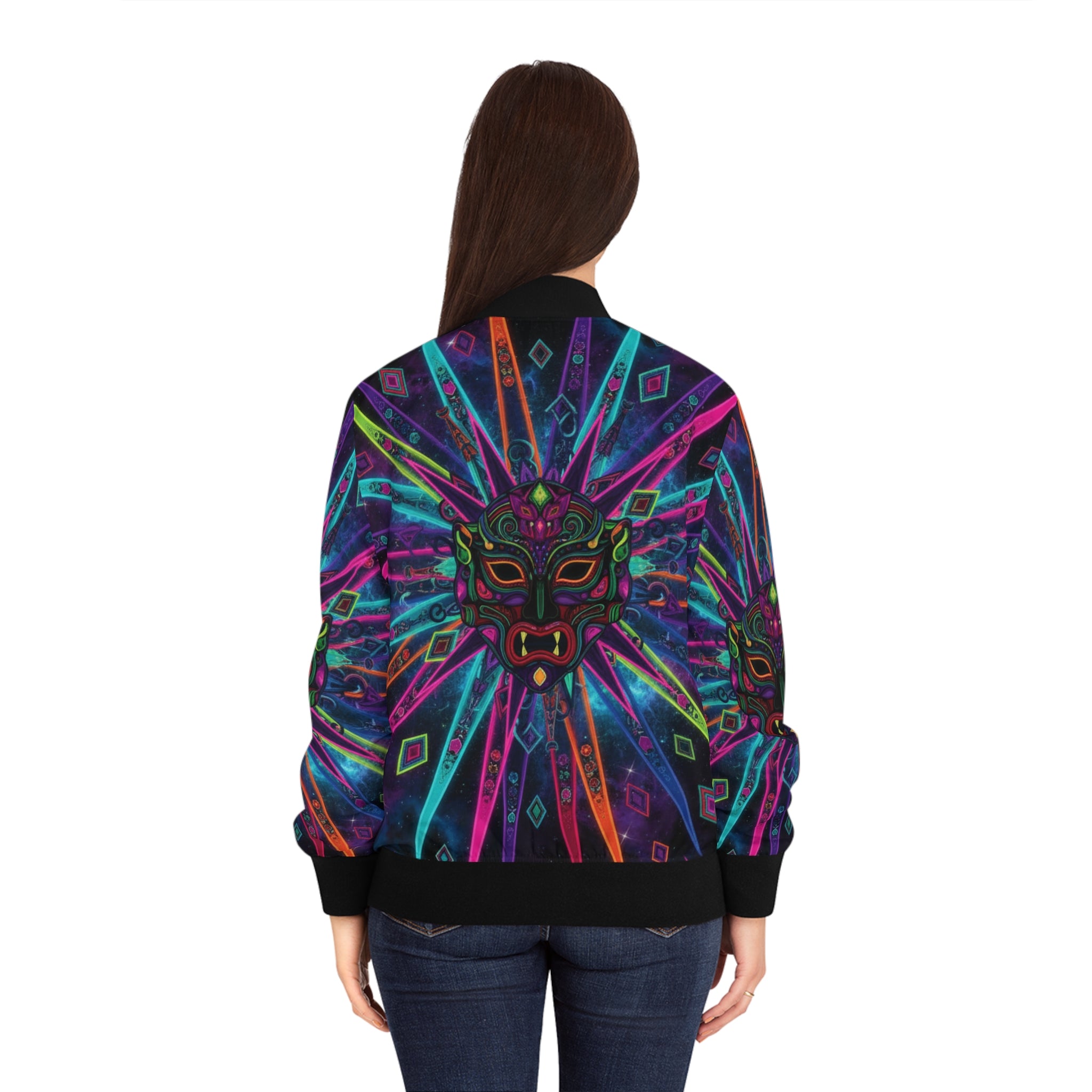 The Vejigante Explosion Bomber Jacket — Women's Vibrant Tribal Outerwear