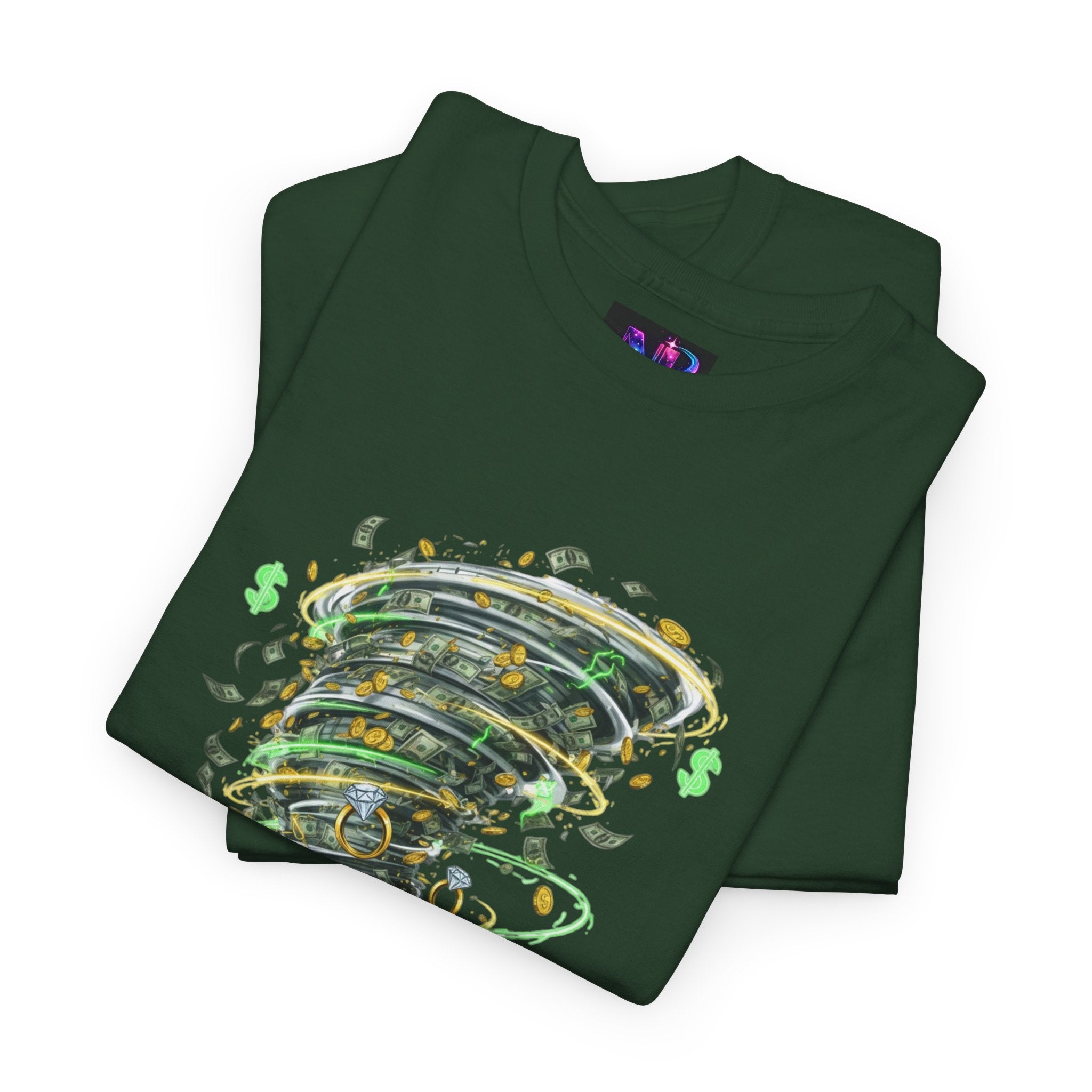 Money Moves Tee — Green Dollar Tornado Graphic T‑Shirt