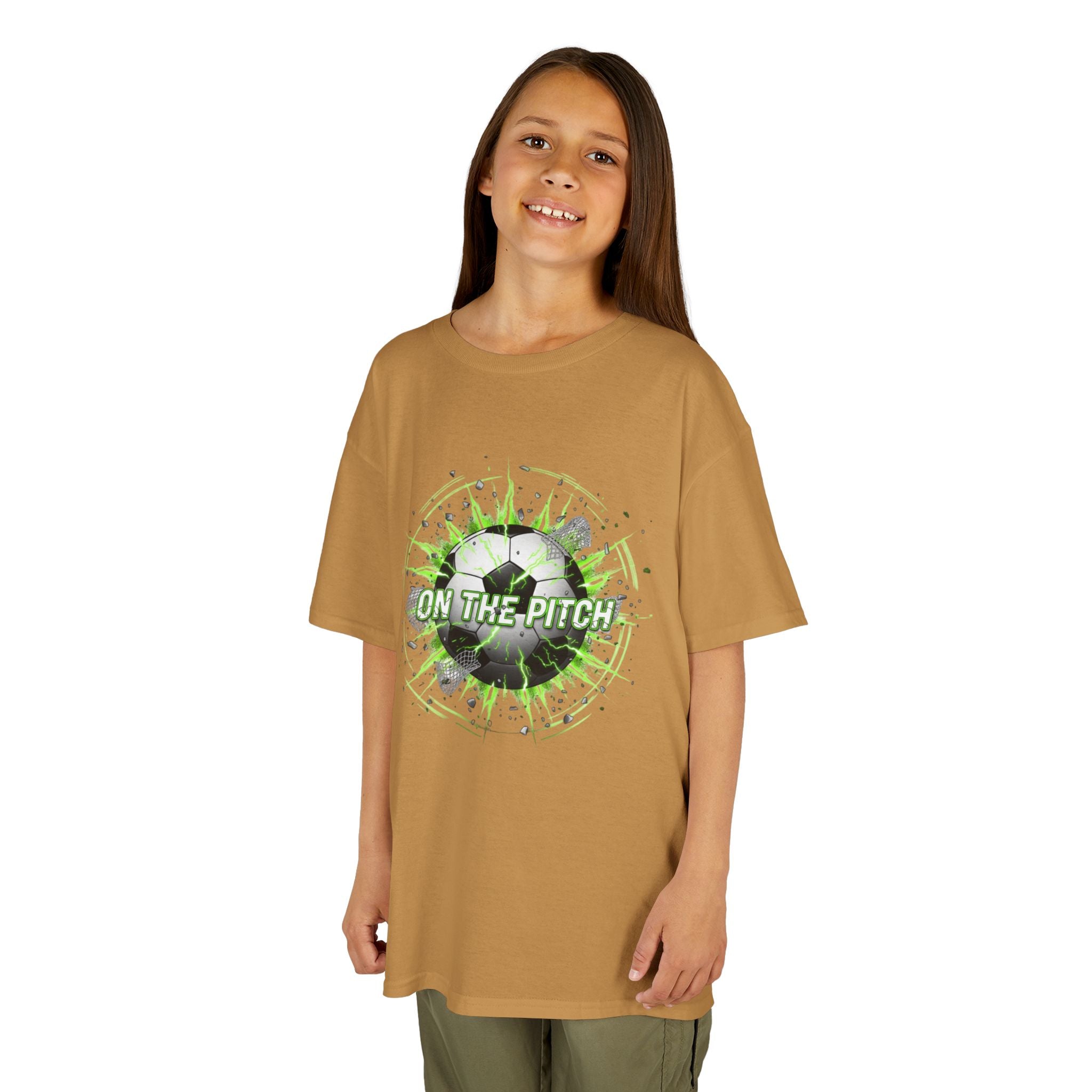 Kids Soccer T‑Shirt — 'On The Pitch' Green Splatter Design