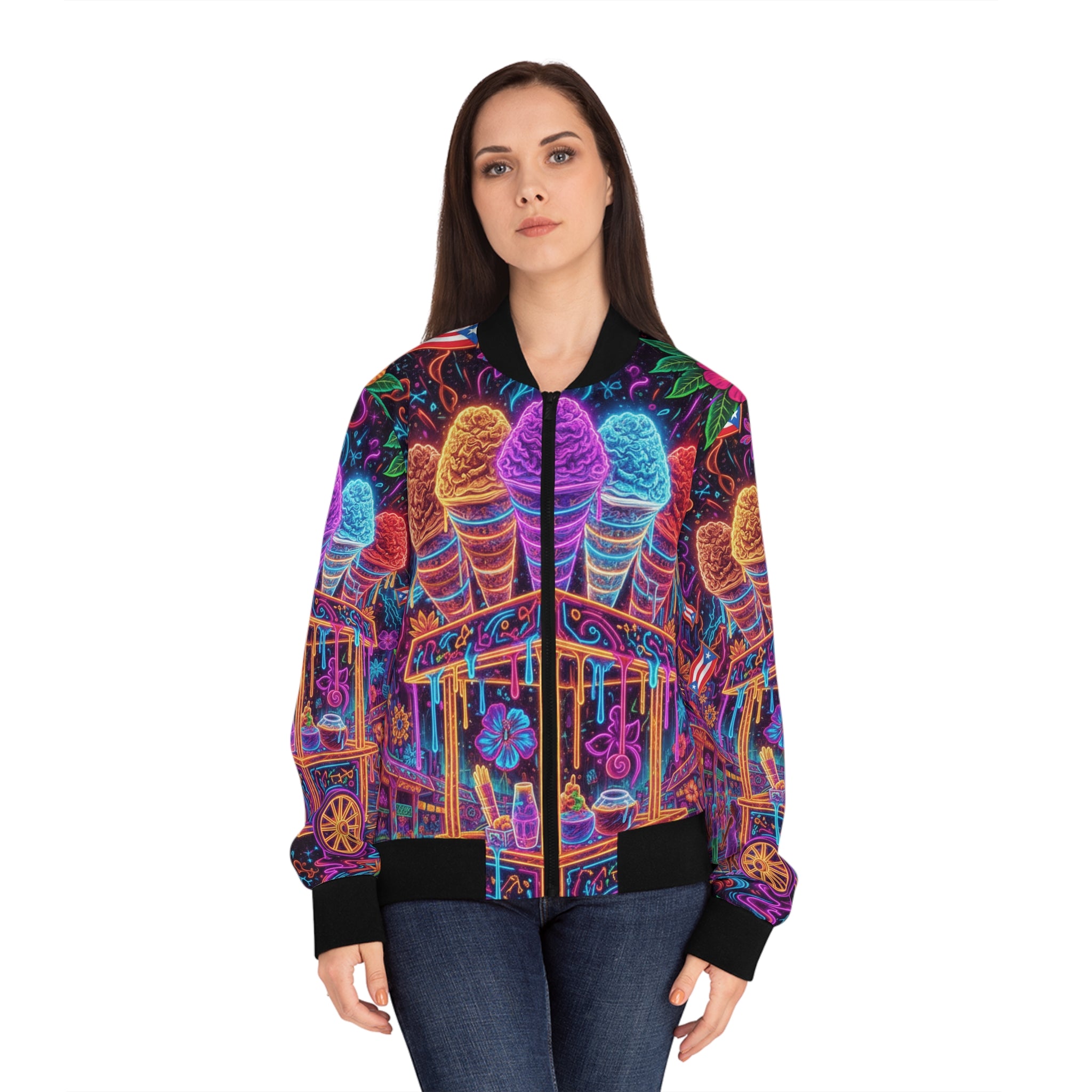 La Piragua Cósmica Bomber Jacket — Neon Carnival Women's Bomber