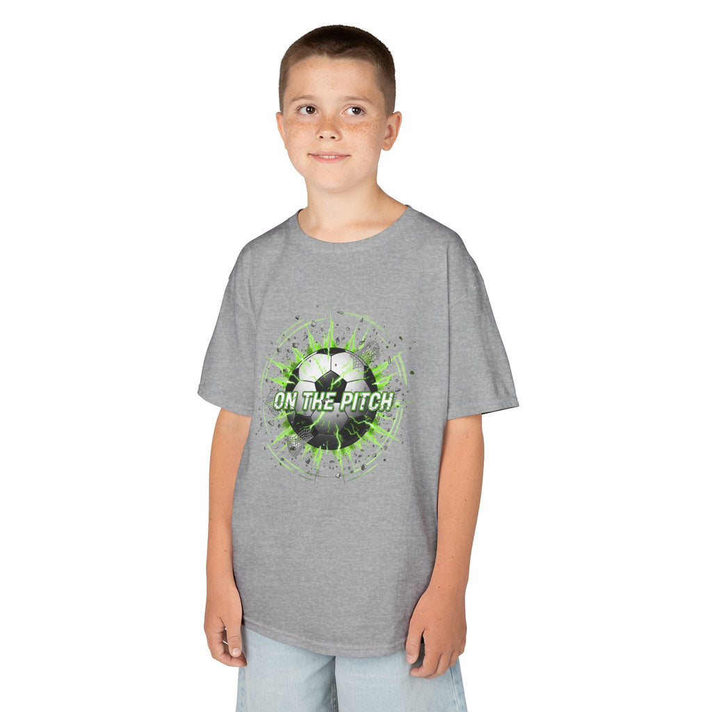 Kids Soccer T‑Shirt — 'On The Pitch' Green Splatter Design