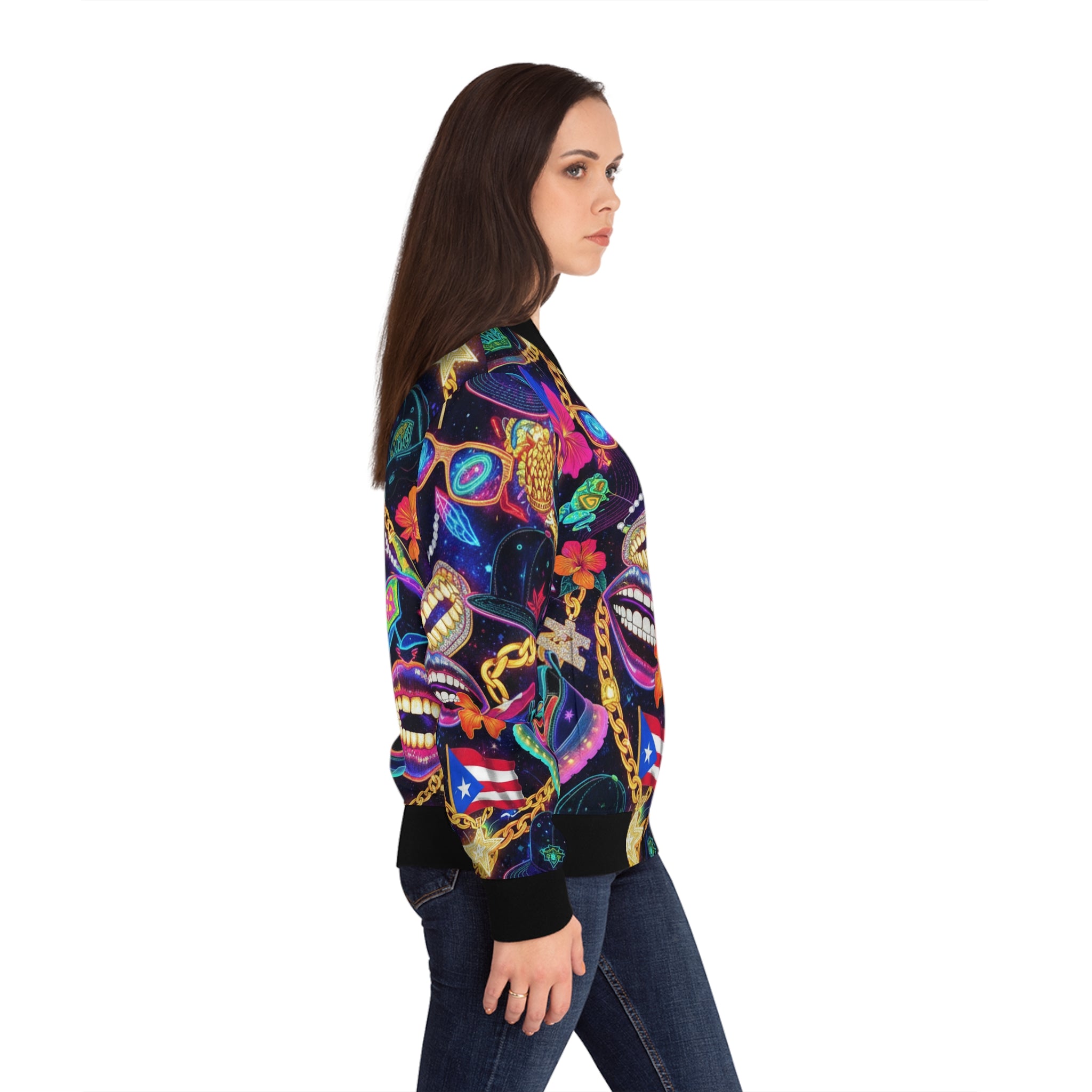 La Cultura: El Estilo Bomber Jacket — Puerto Rican Mask & Chain All-Over Print