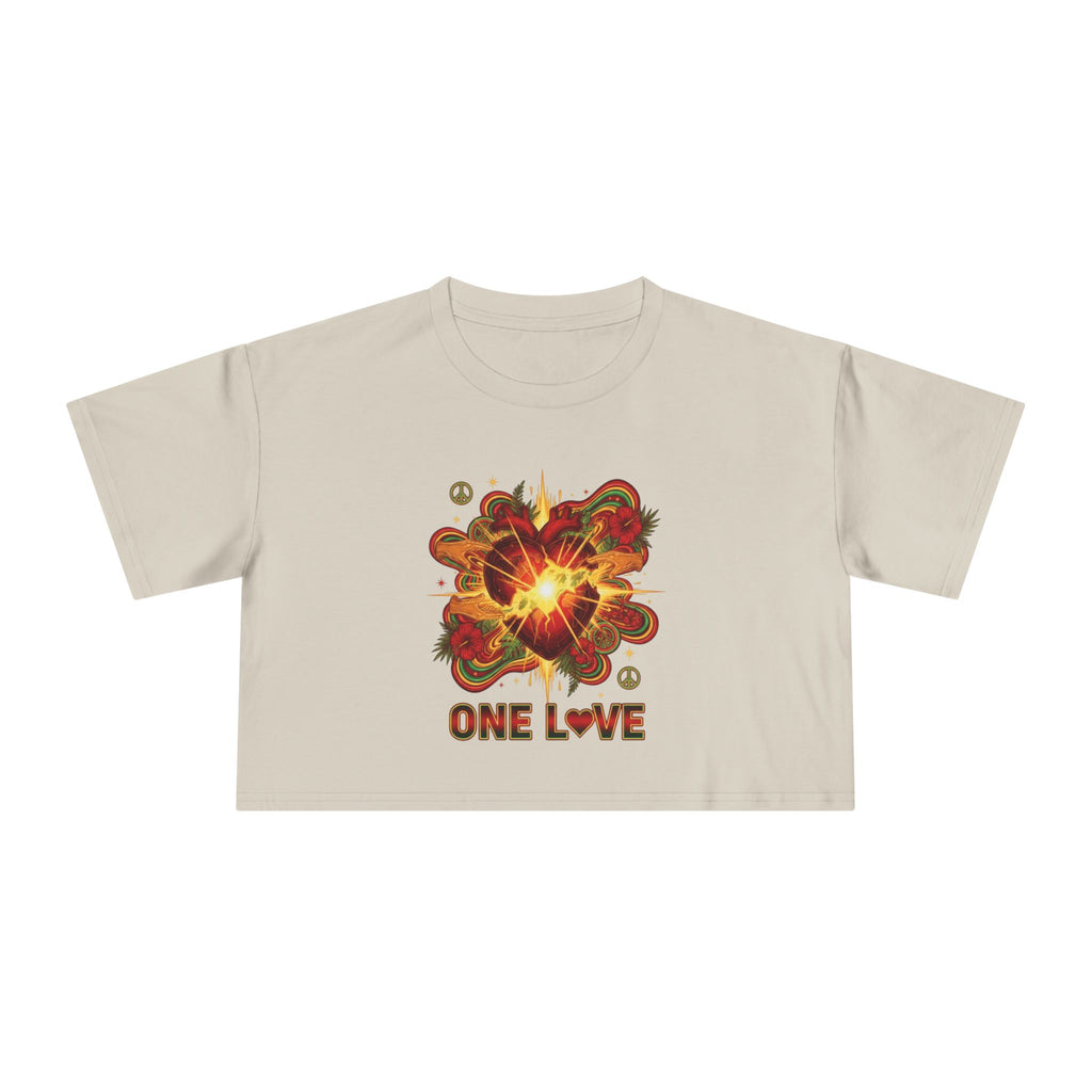 One Love Retro Heart Crop Tee — Women's Peace & Flower Power Graphic