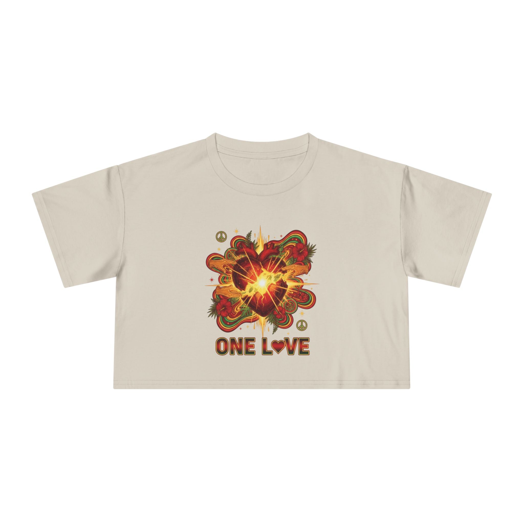 One Love Retro Heart Crop Tee — Women's Peace & Flower Power Graphic