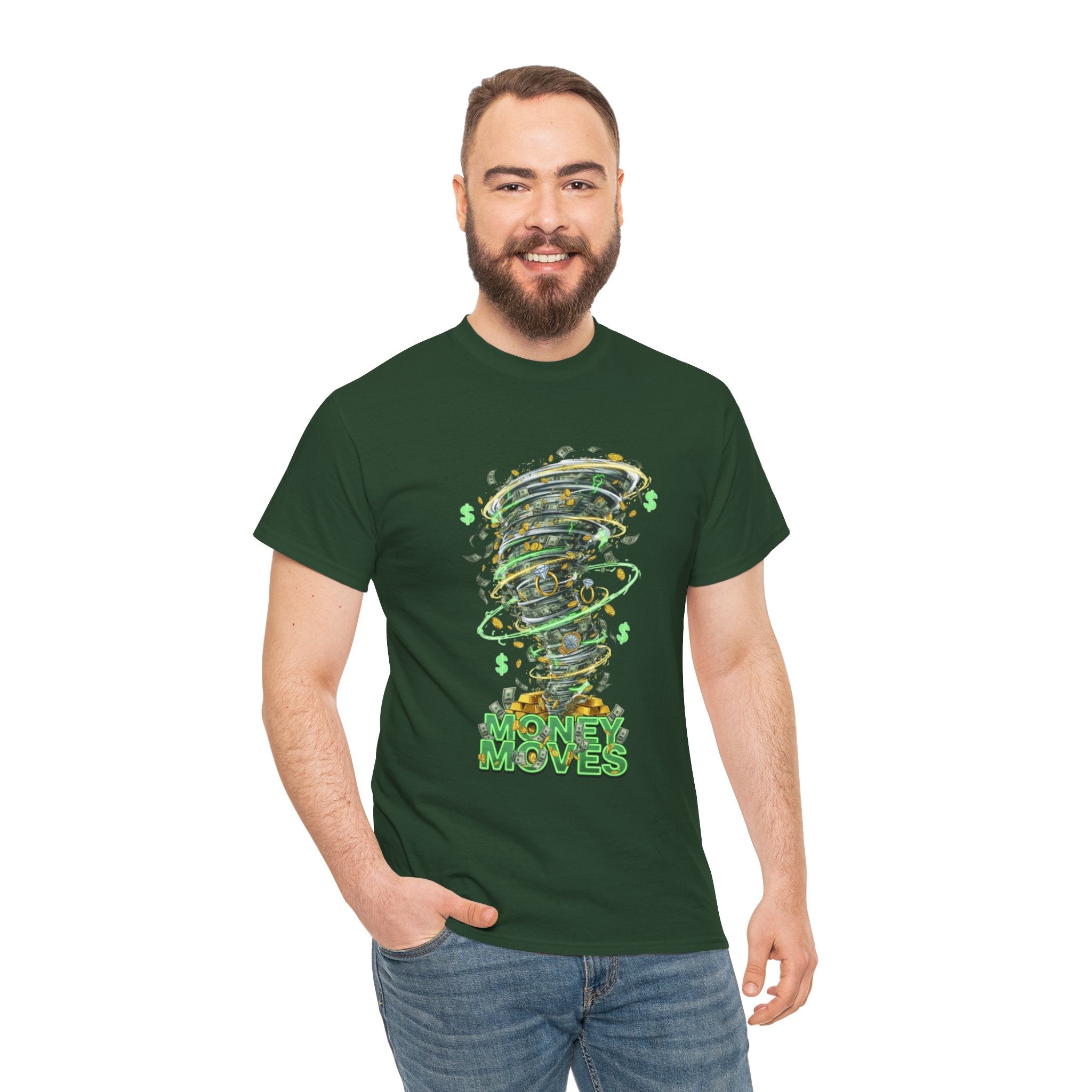 Money Moves Tee — Green Dollar Tornado Graphic T‑Shirt