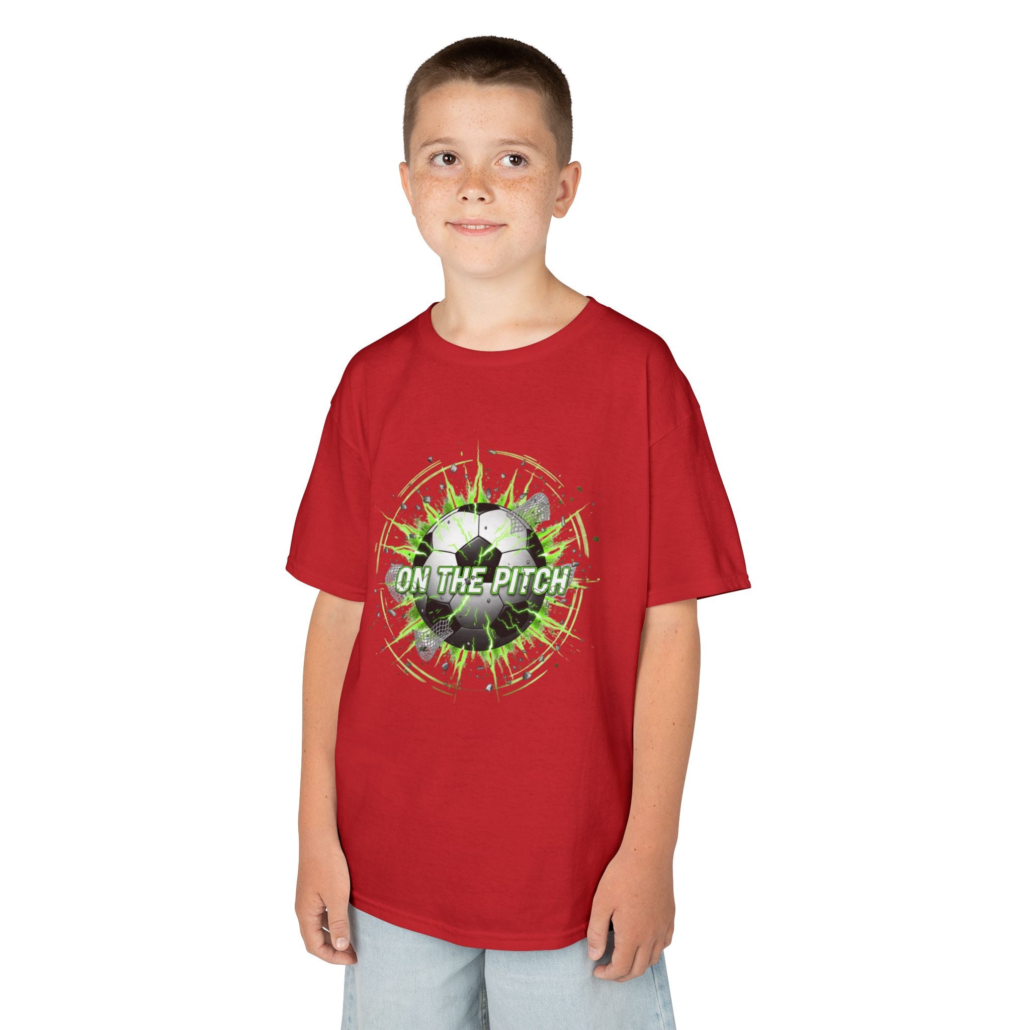 Kids Soccer T‑Shirt — 'On The Pitch' Green Splatter Design