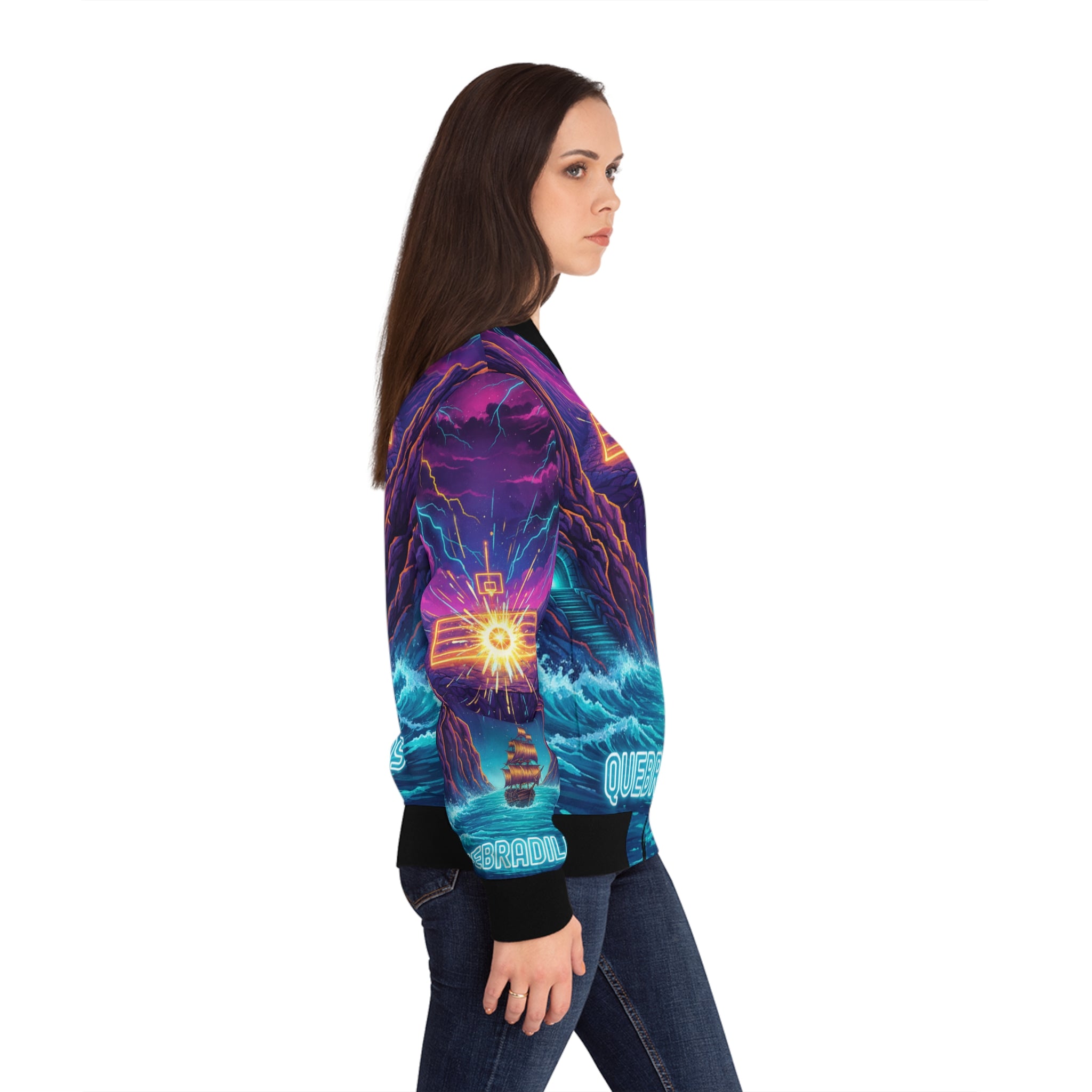 Quebradillas: El Pirata Cósmico Bomber Jacket — 'Quebradillas' Neon Nautical Design