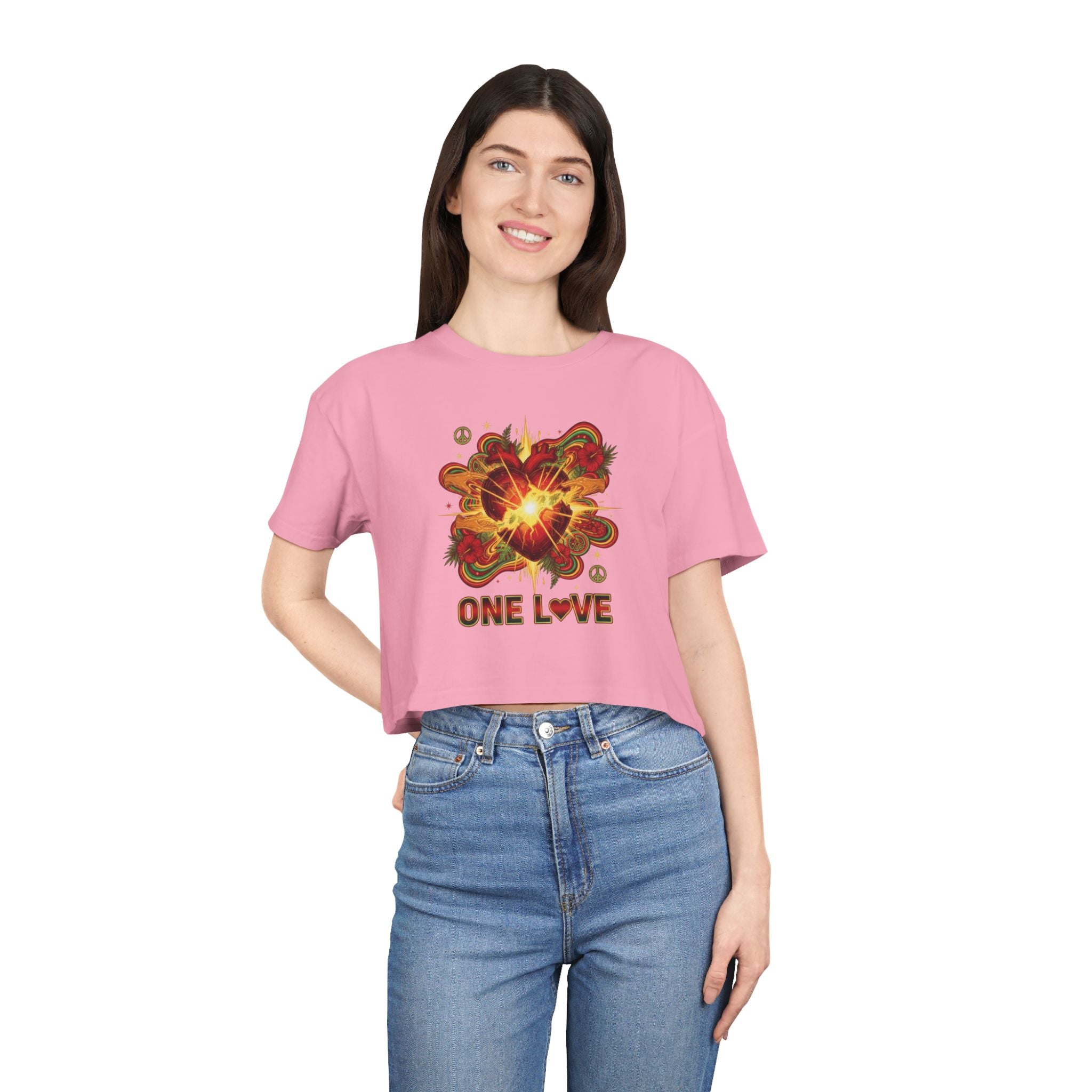 One Love Retro Heart Crop Tee — Women's Peace & Flower Power Graphic