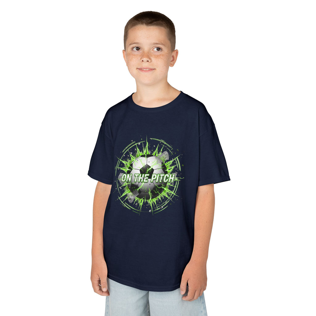 Kids Soccer T‑Shirt — 'On The Pitch' Green Splatter Design