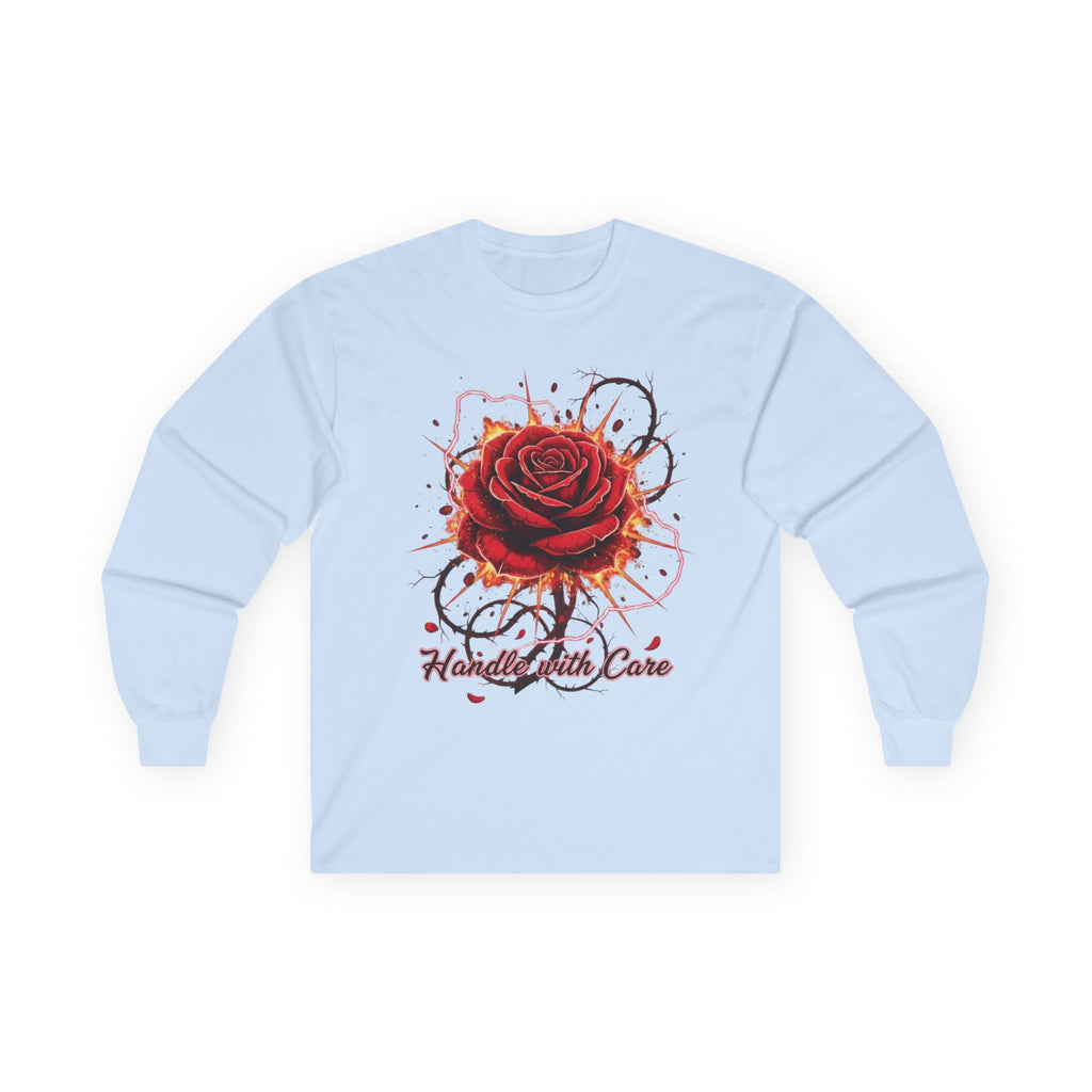 Long Sleeve Tee — Red Rose "Handle With Care" Graphic