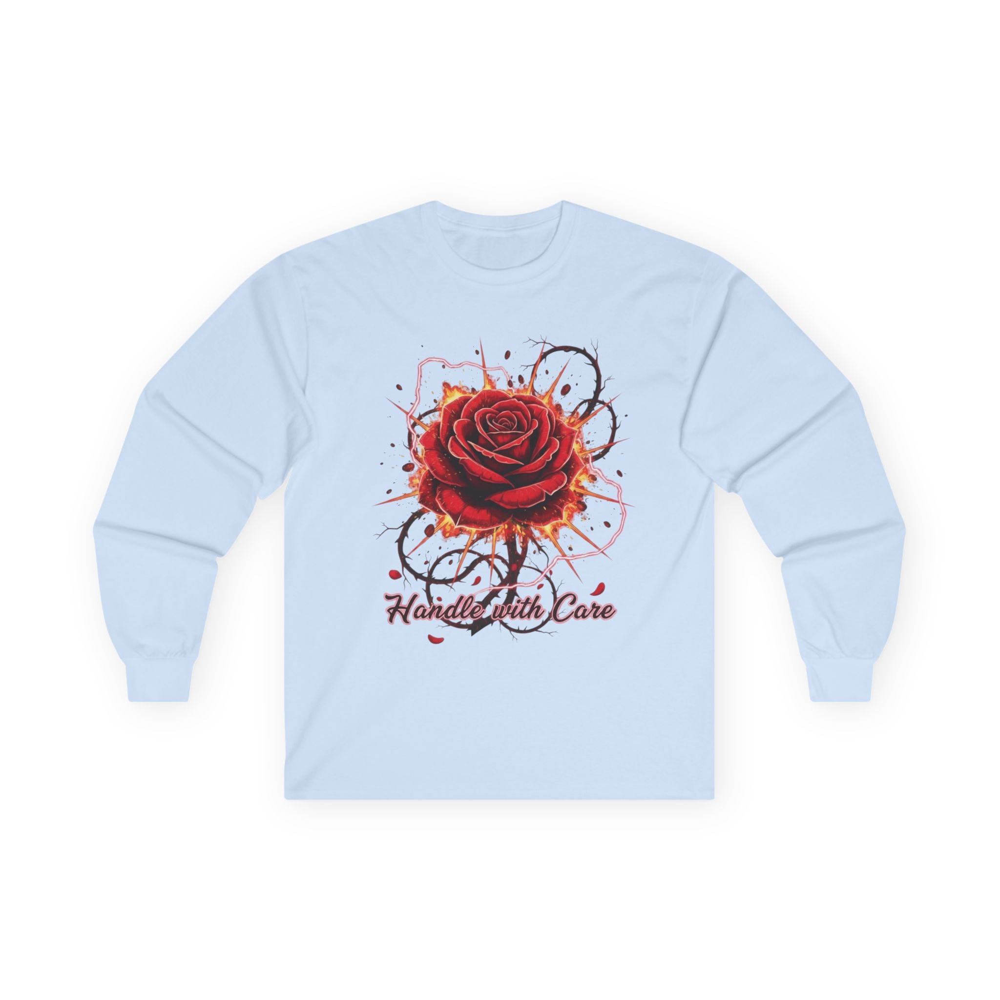 Long Sleeve Tee — Red Rose "Handle With Care" Graphic