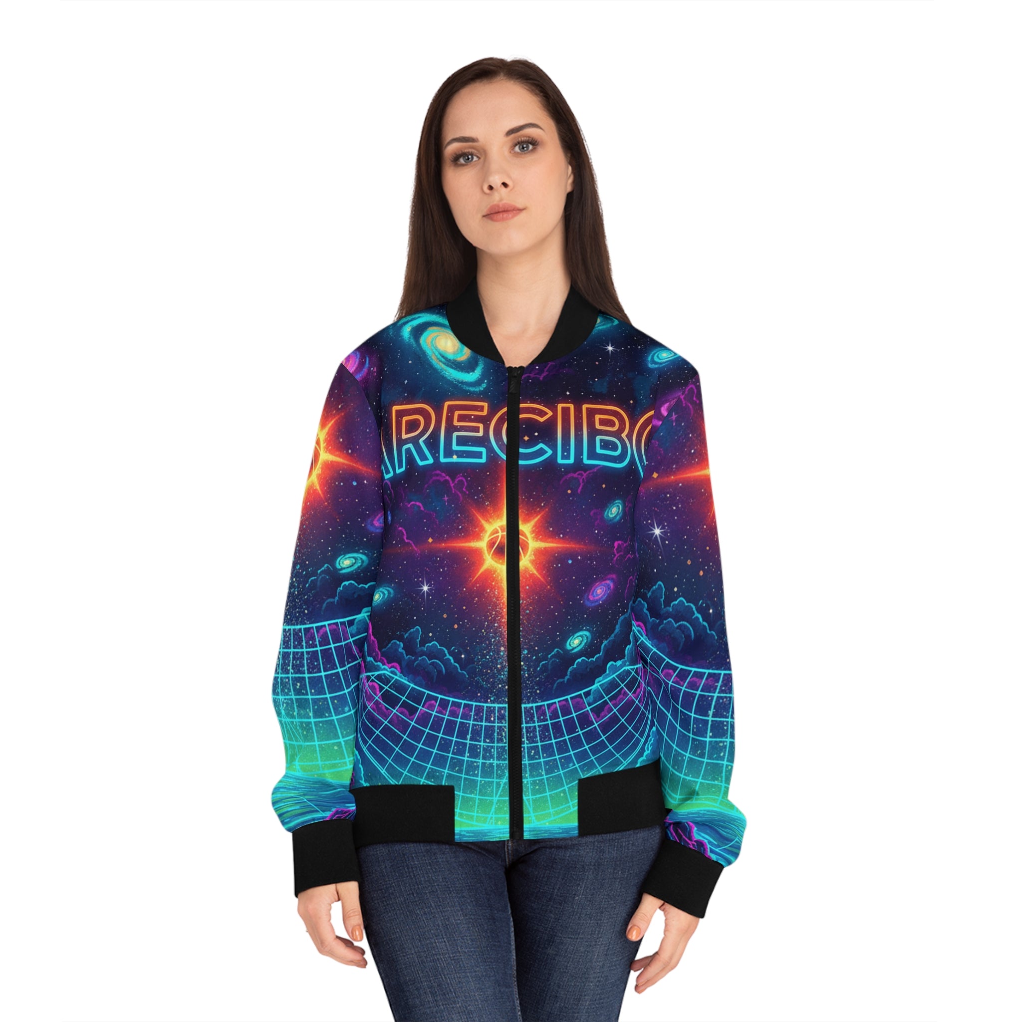 Arecibo: La Cancha y el Cosmos Bomber Jacket — Neon Retro Galaxy Print
