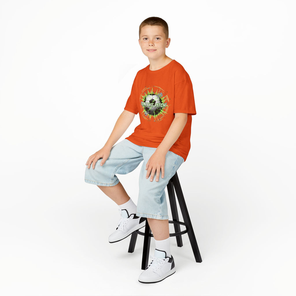 Kids Soccer T‑Shirt — 'On The Pitch' Green Splatter Design