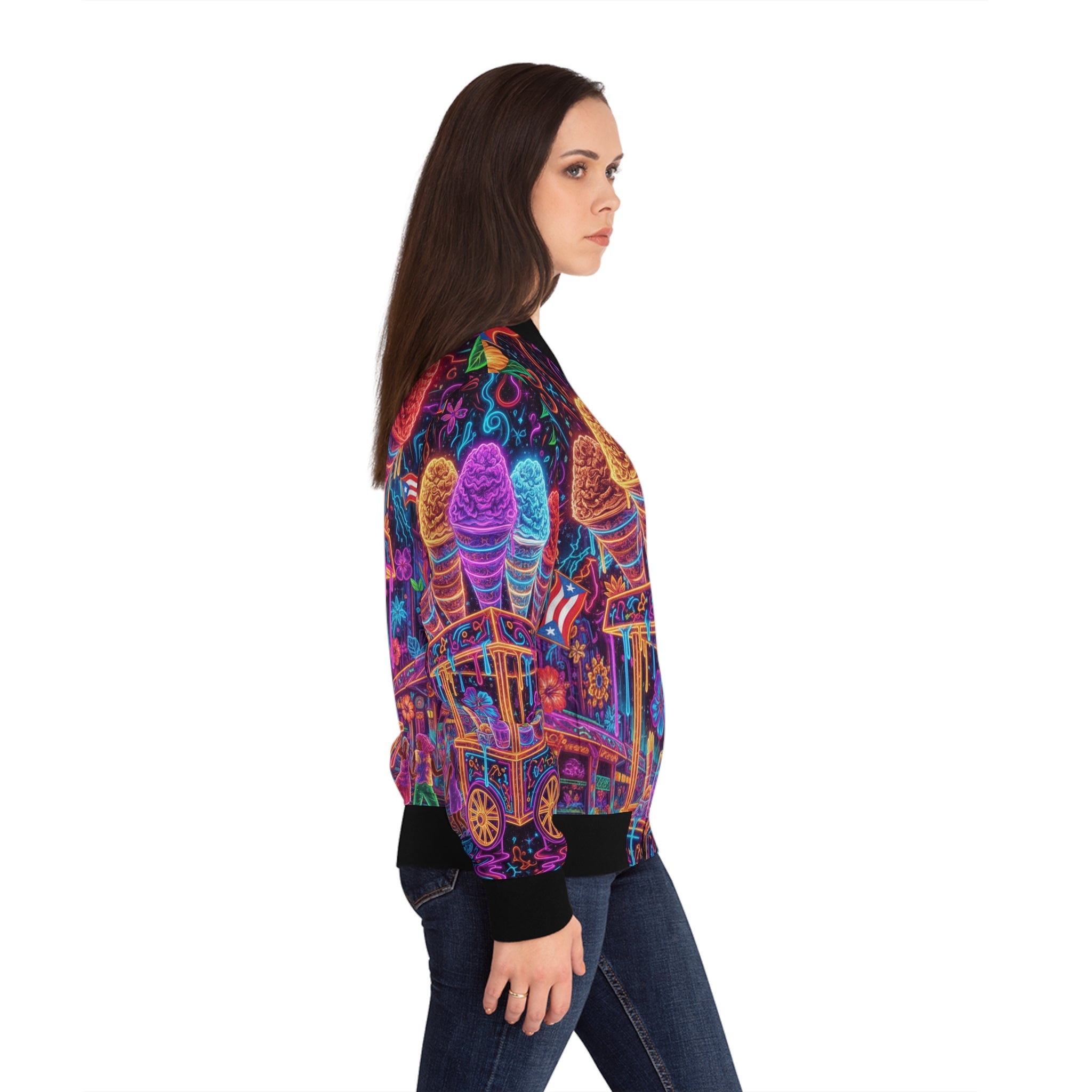 La Piragua Cósmica Bomber Jacket — Neon Carnival Women's Bomber