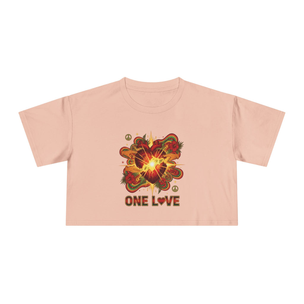 One Love Retro Heart Crop Tee — Women's Peace & Flower Power Graphic