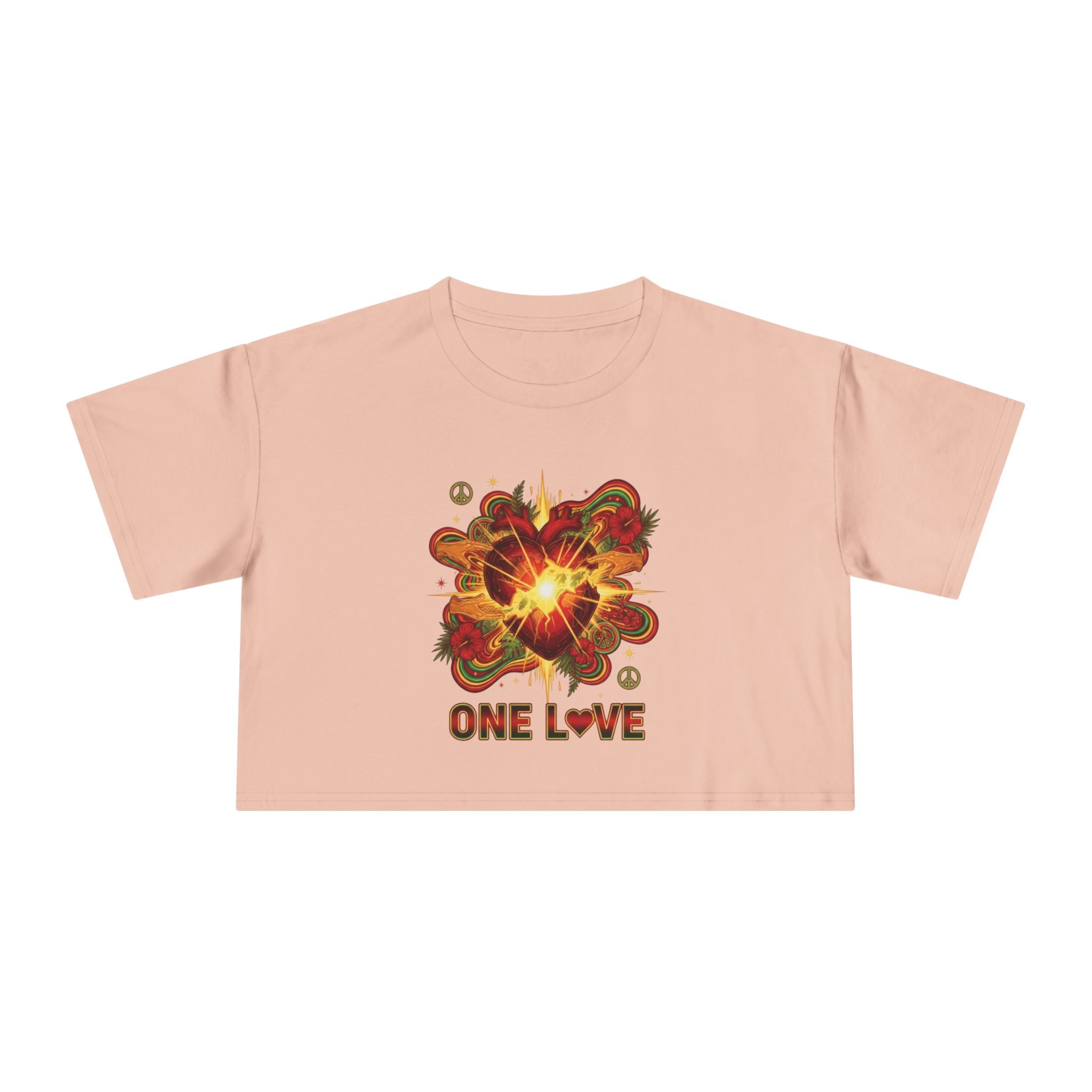 One Love Retro Heart Crop Tee — Women's Peace & Flower Power Graphic