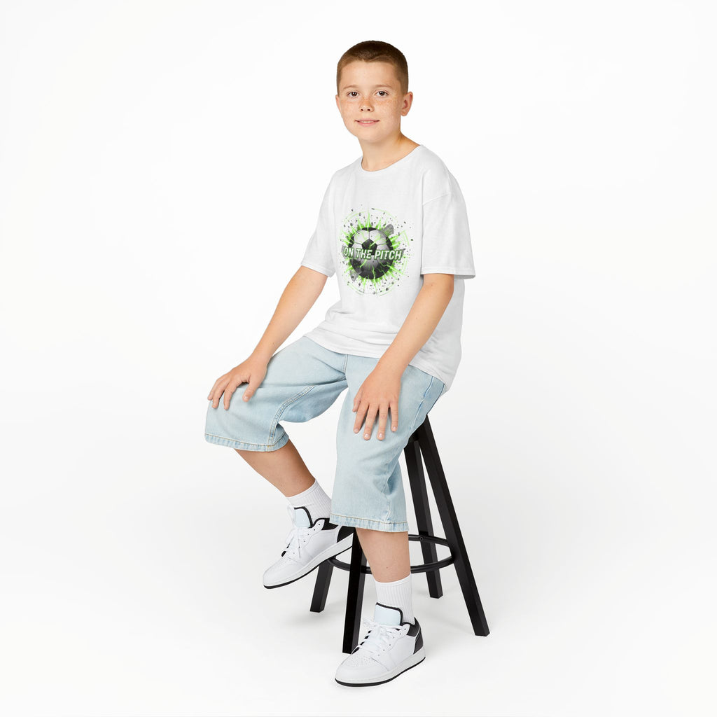 Kids Soccer T‑Shirt — 'On The Pitch' Green Splatter Design