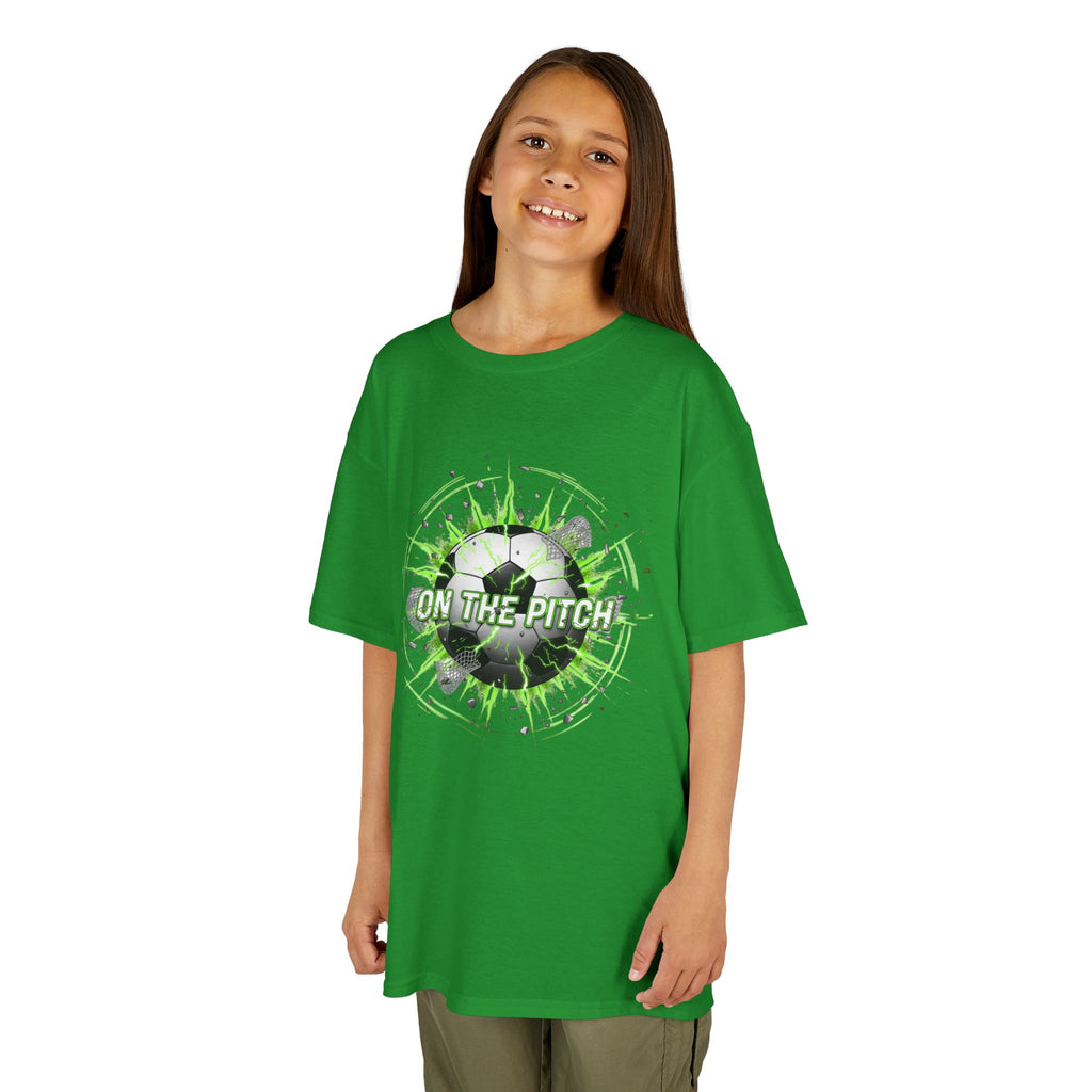 Kids Soccer T‑Shirt — 'On The Pitch' Green Splatter Design