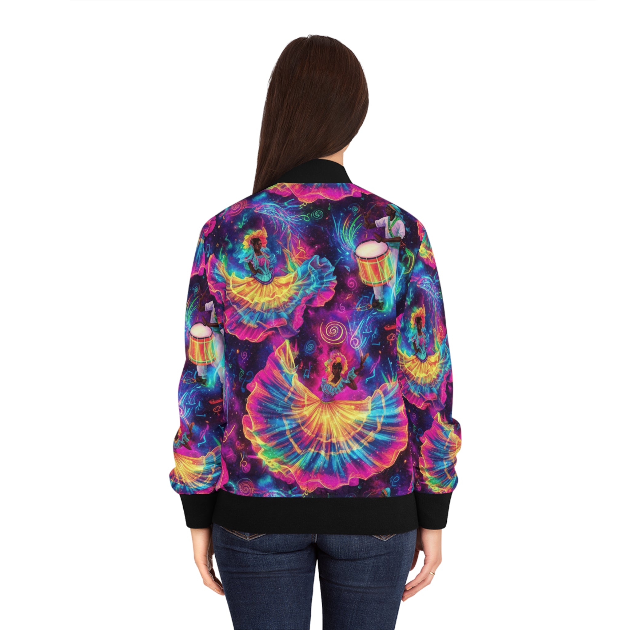 La Bomba Cósmica Bomber Jacket — Neon Dance Fiesta All-Over Print