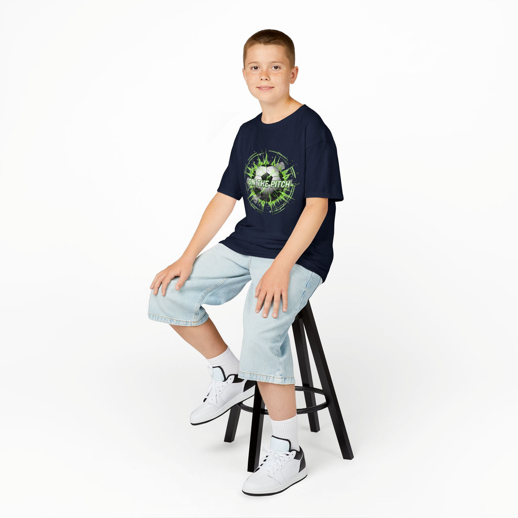 Kids Soccer T‑Shirt — 'On The Pitch' Green Splatter Design