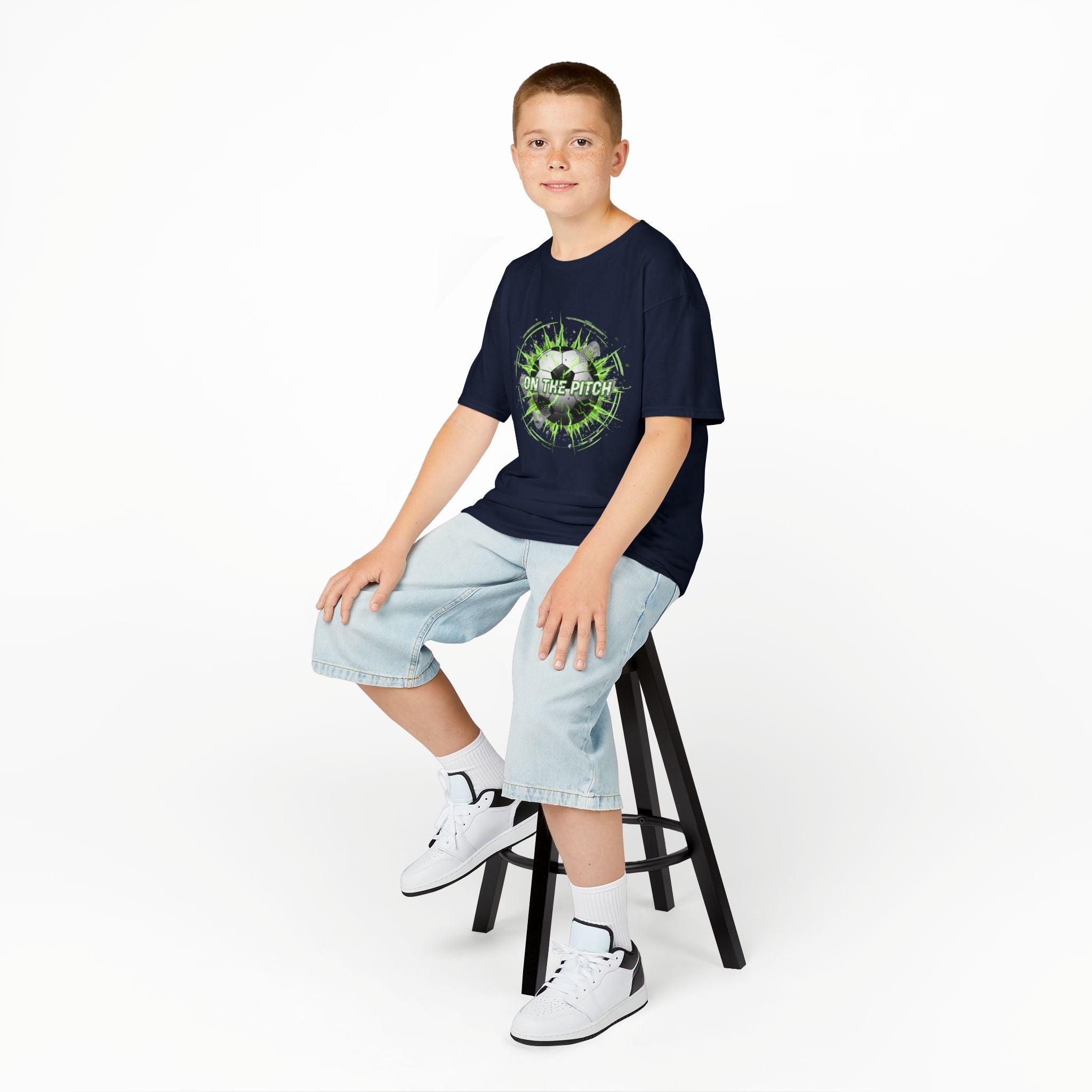 Kids Soccer T‑Shirt — 'On The Pitch' Green Splatter Design