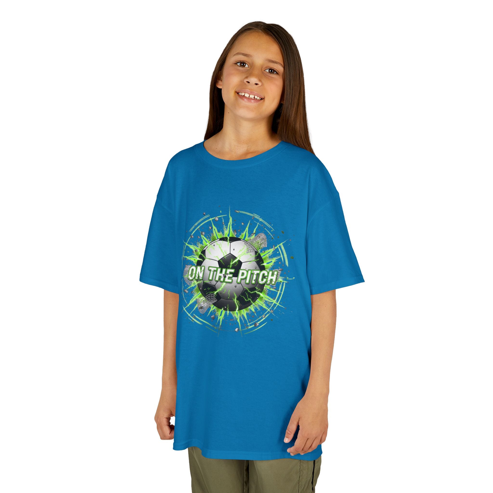 Kids Soccer T‑Shirt — 'On The Pitch' Green Splatter Design