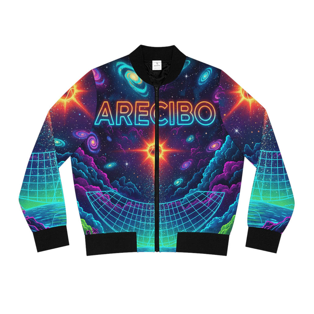 Arecibo: La Cancha y el Cosmos Bomber Jacket — Neon Retro Galaxy Print