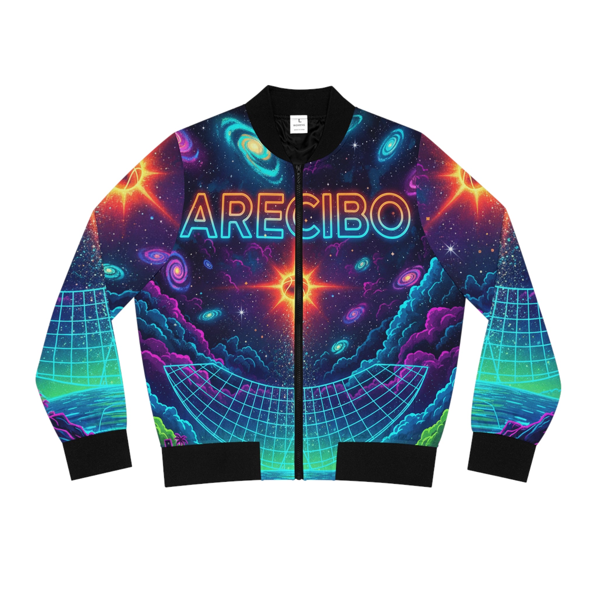 Arecibo: La Cancha y el Cosmos Bomber Jacket — Neon Retro Galaxy Print