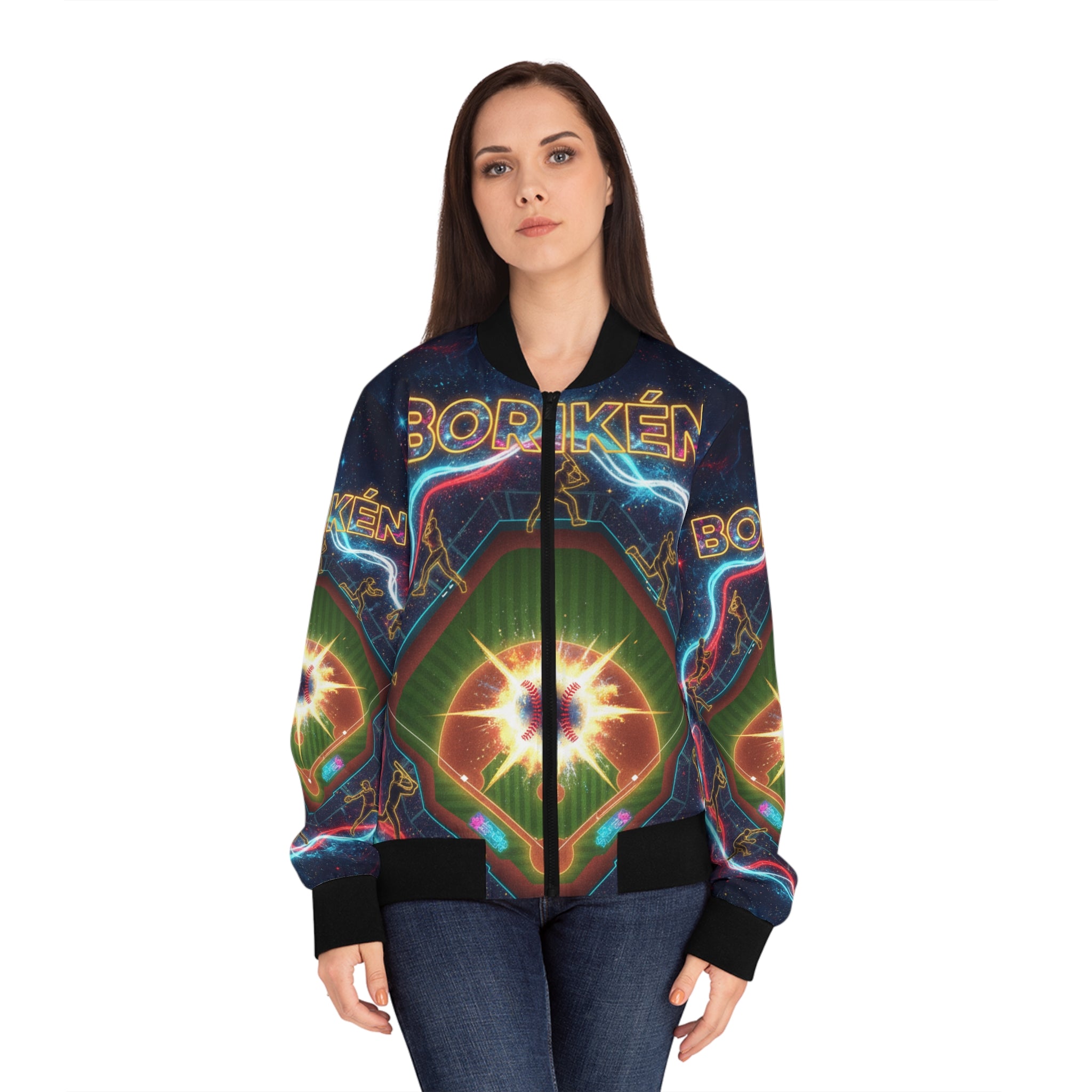 Borikén: La Isla del Béisbol Bomber Jacket — Women's All-Over-Print Puerto Rico Pride