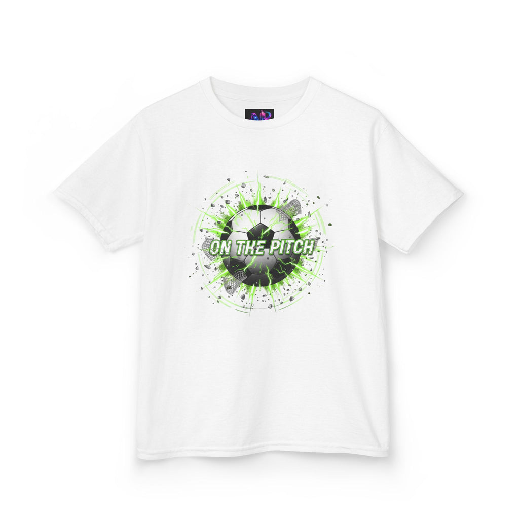 Kids Soccer T‑Shirt — 'On The Pitch' Green Splatter Design
