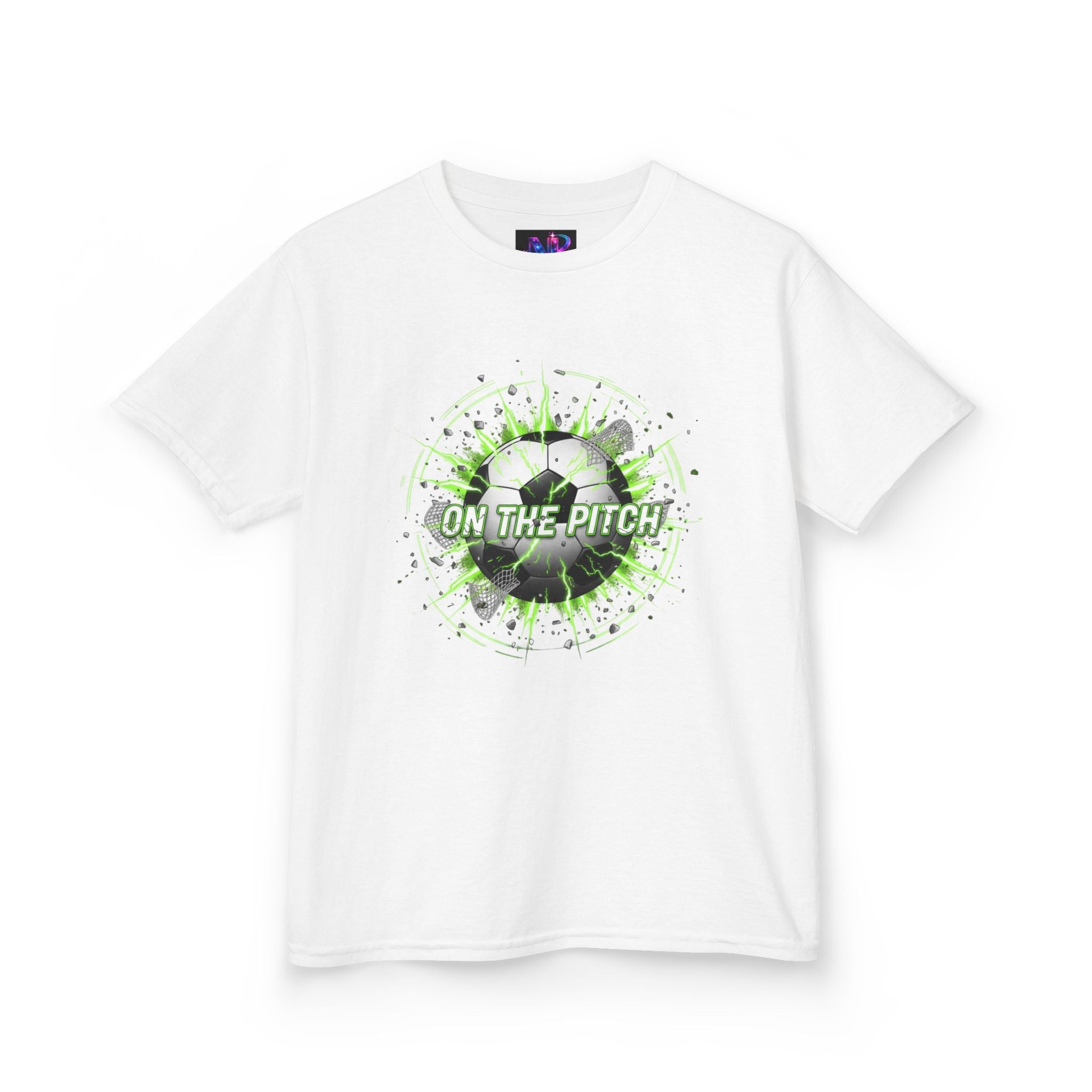 Kids Soccer T‑Shirt — 'On The Pitch' Green Splatter Design
