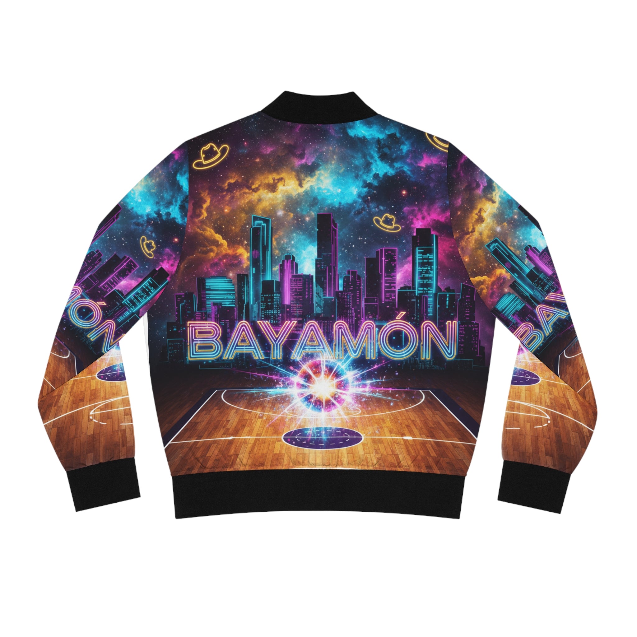 Bayamón: La Cancha Cósmica Bomber Jacket — Neon Basketball Court AOP