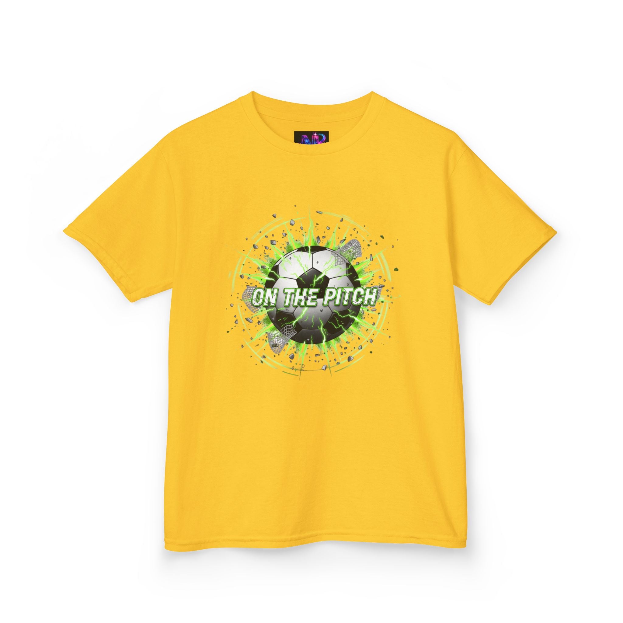 Kids Soccer T‑Shirt — 'On The Pitch' Green Splatter Design