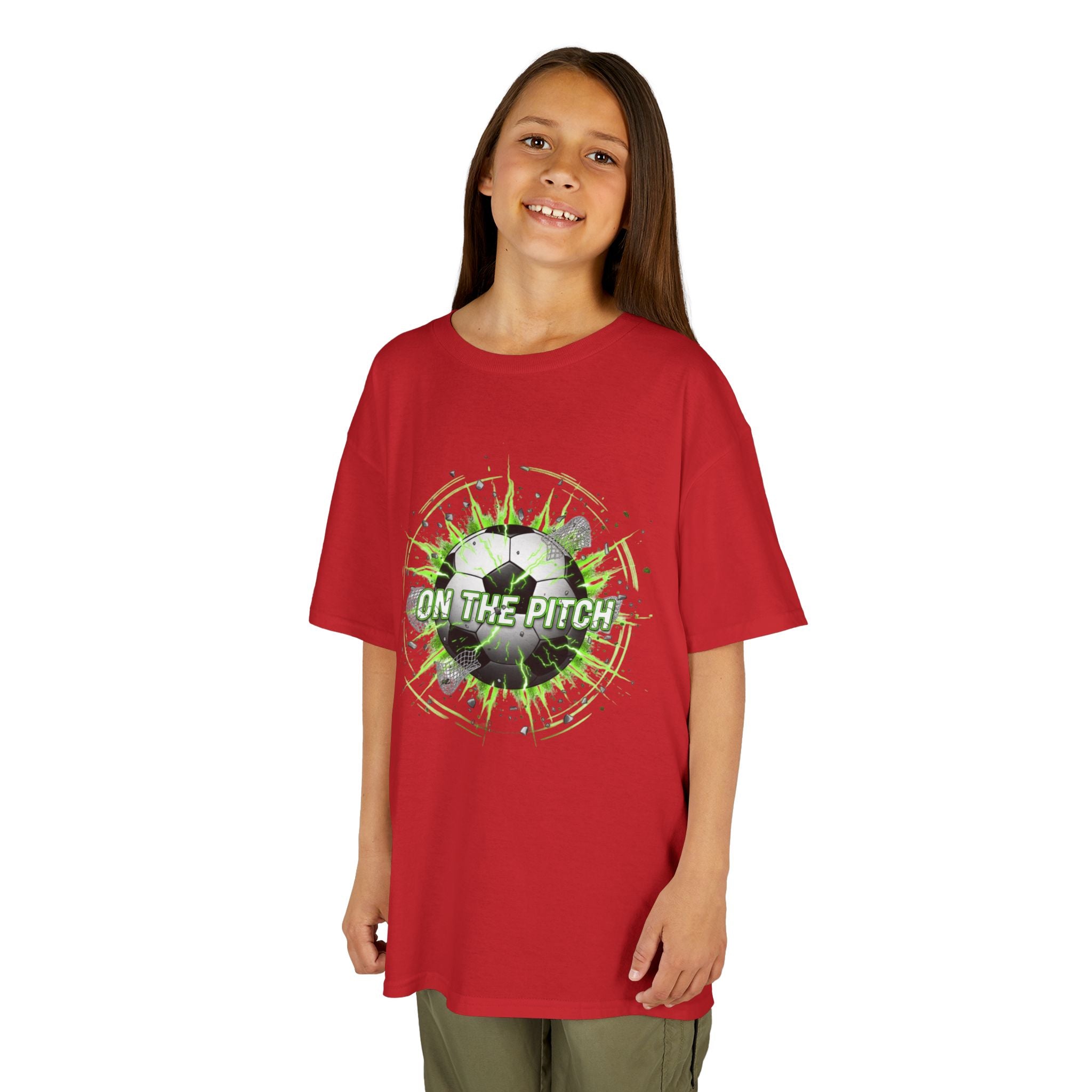 Kids Soccer T‑Shirt — 'On The Pitch' Green Splatter Design
