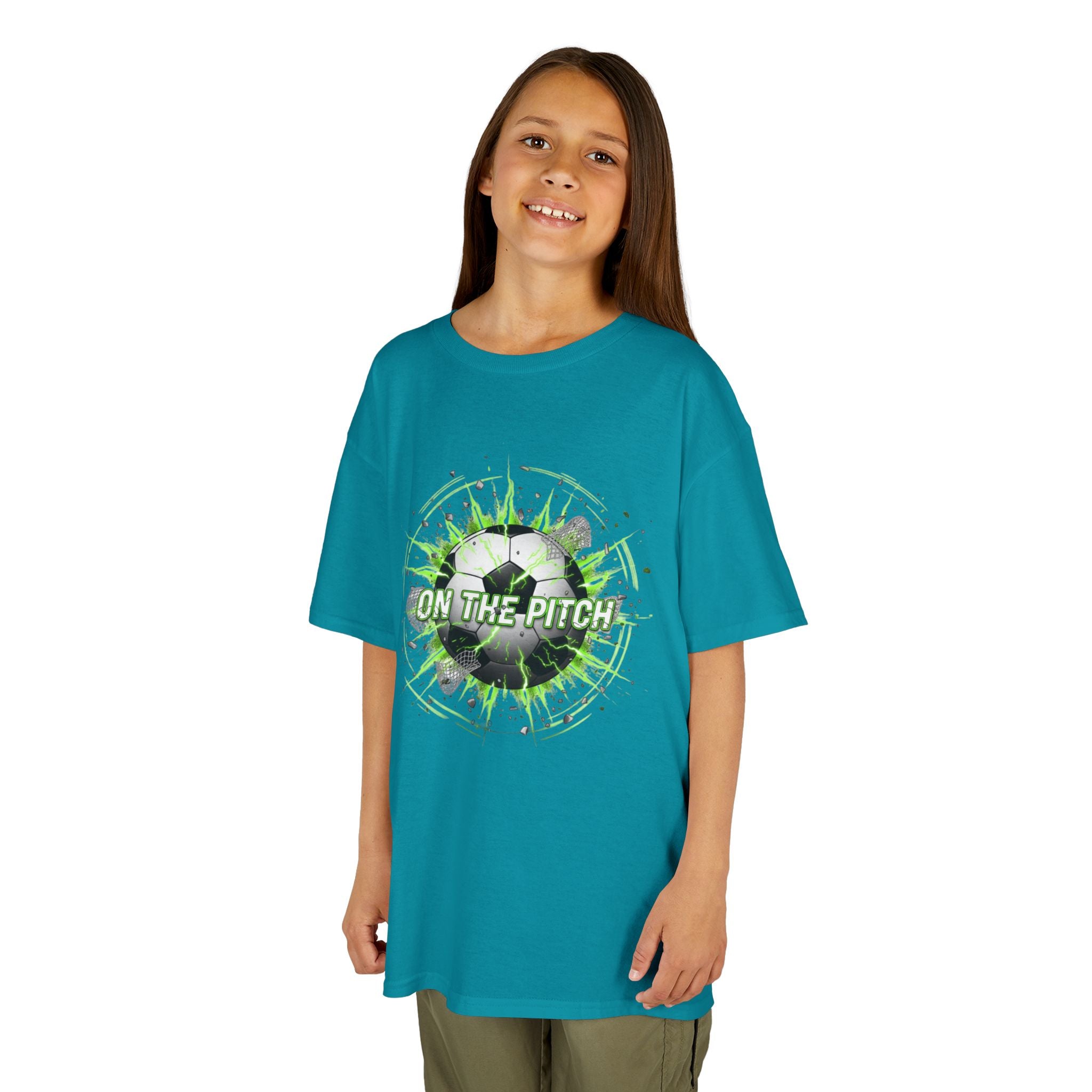 Kids Soccer T‑Shirt — 'On The Pitch' Green Splatter Design