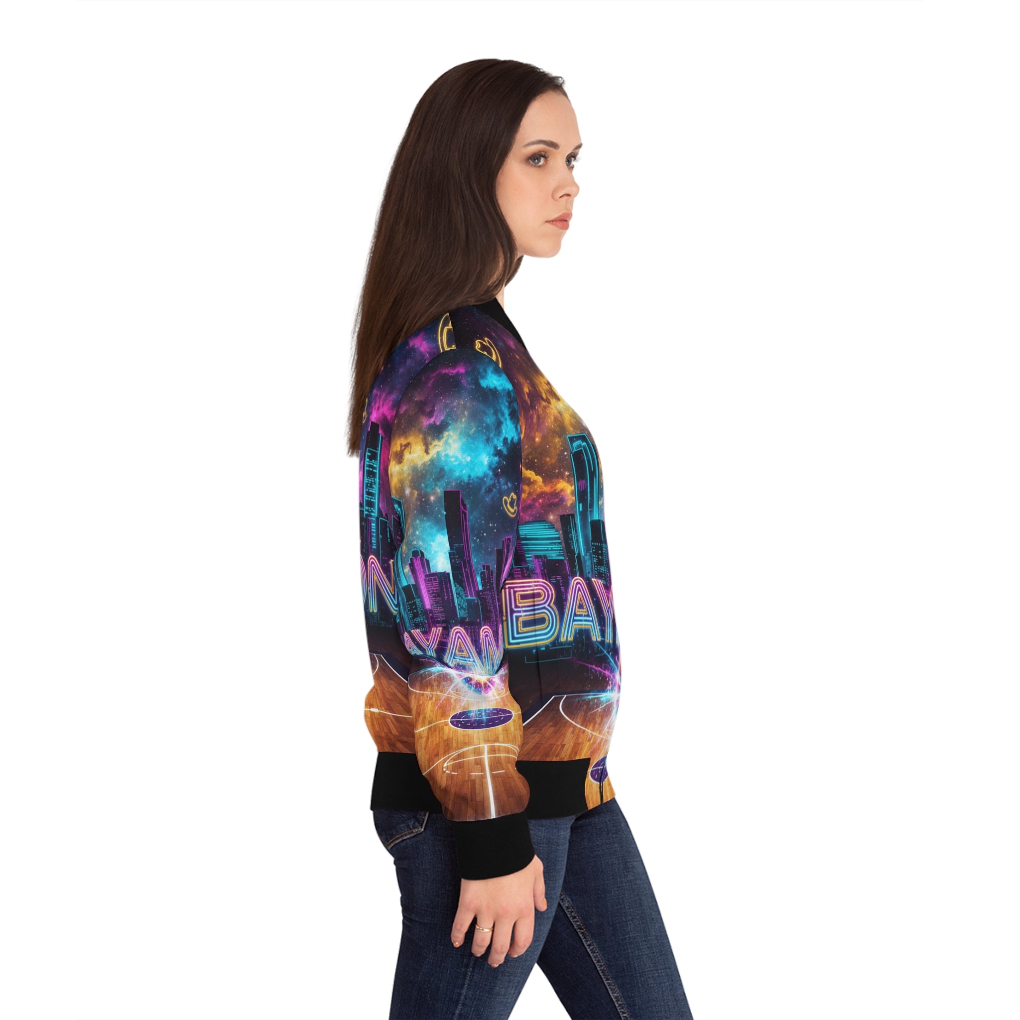 Bayamón: La Cancha Cósmica Bomber Jacket — Neon Basketball Court AOP