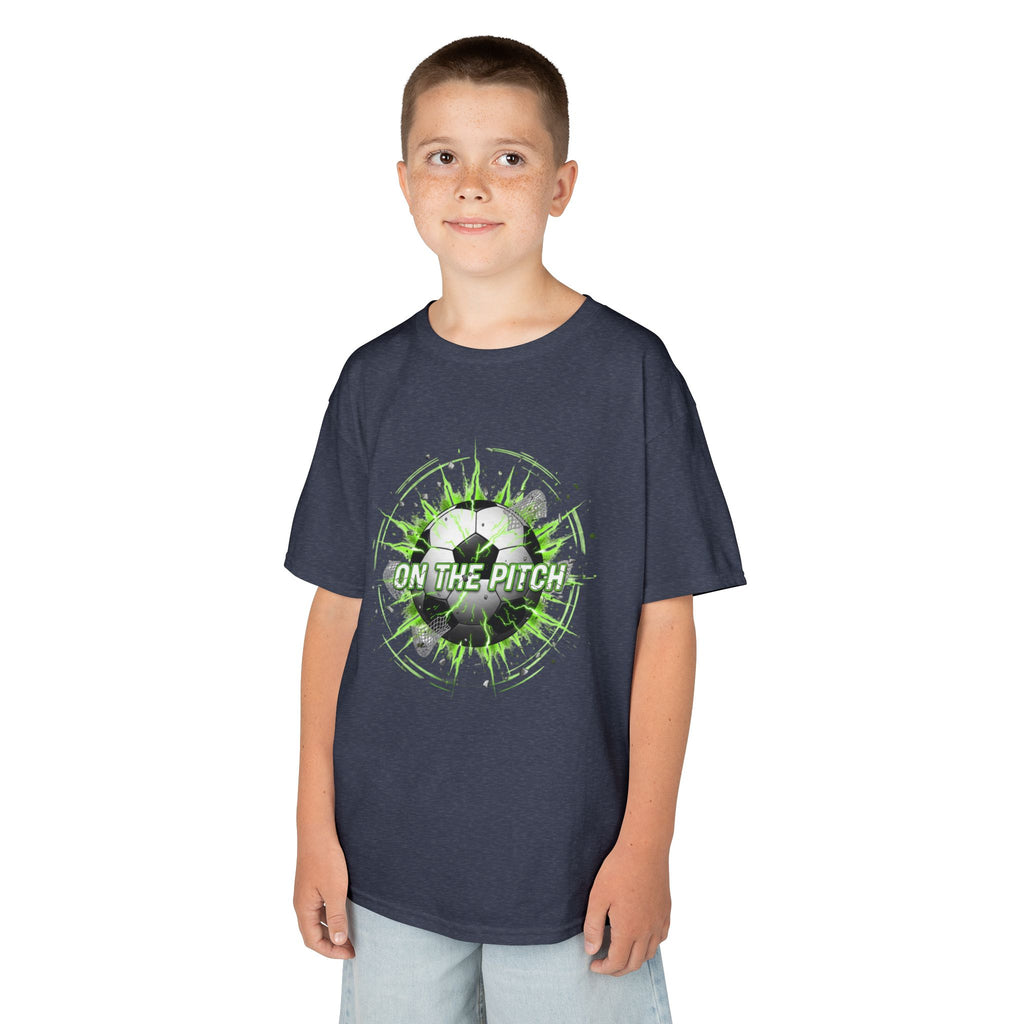 Kids Soccer T‑Shirt — 'On The Pitch' Green Splatter Design