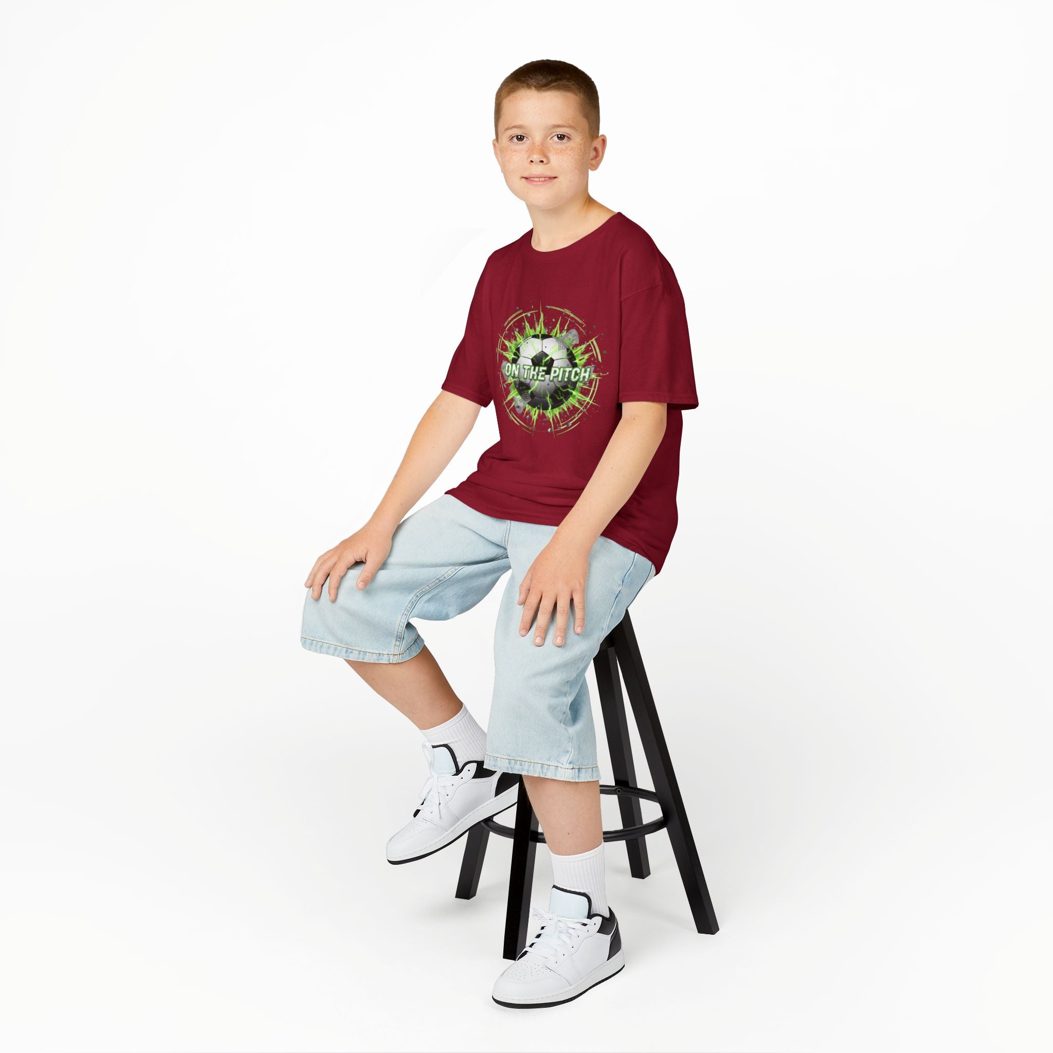 Kids Soccer T‑Shirt — 'On The Pitch' Green Splatter Design