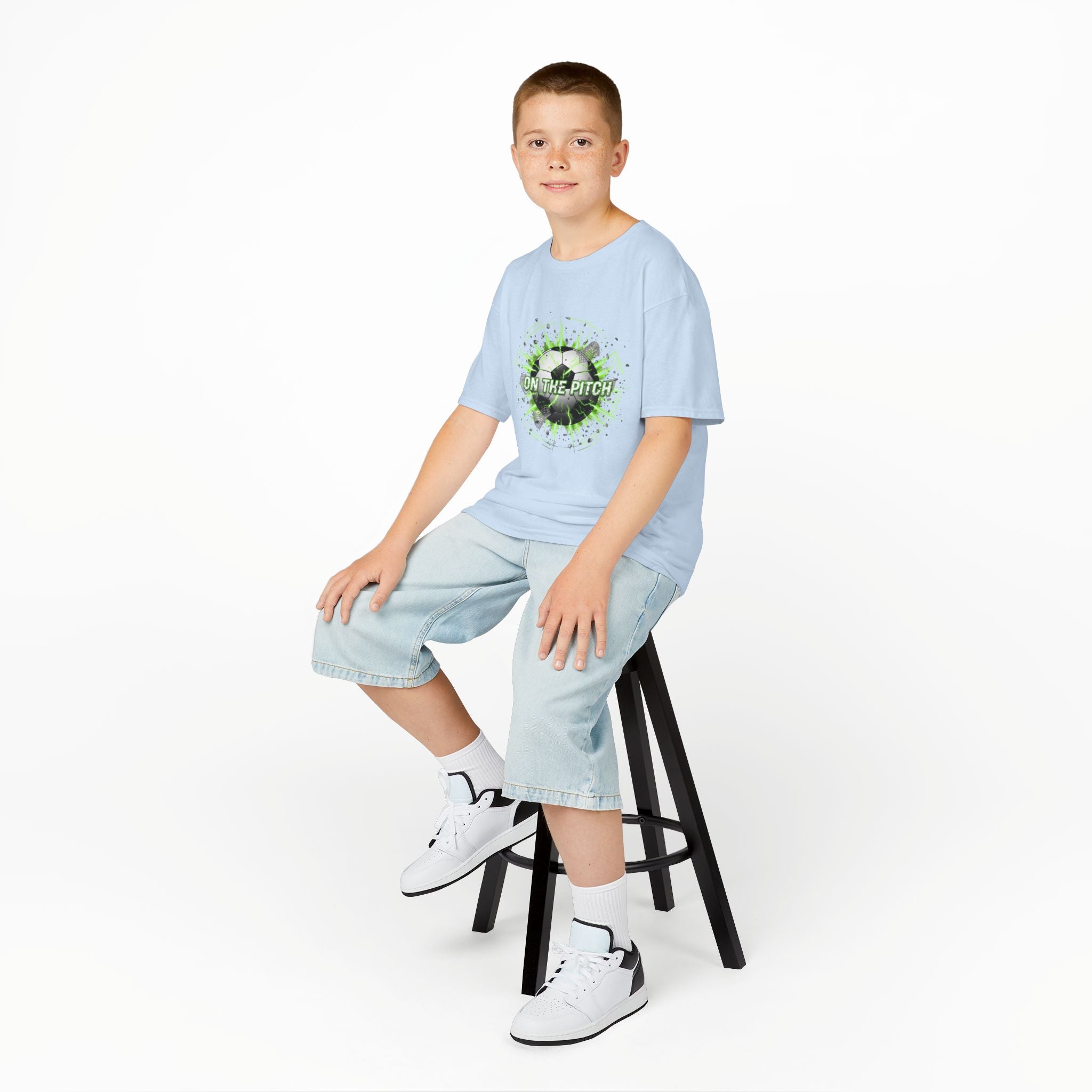Kids Soccer T‑Shirt — 'On The Pitch' Green Splatter Design