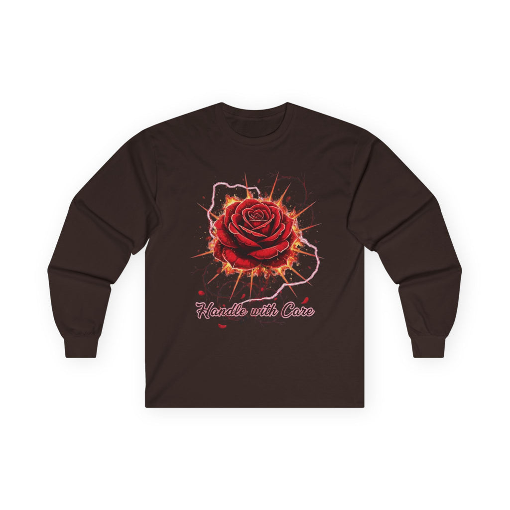 Long Sleeve Tee — Red Rose "Handle With Care" Graphic